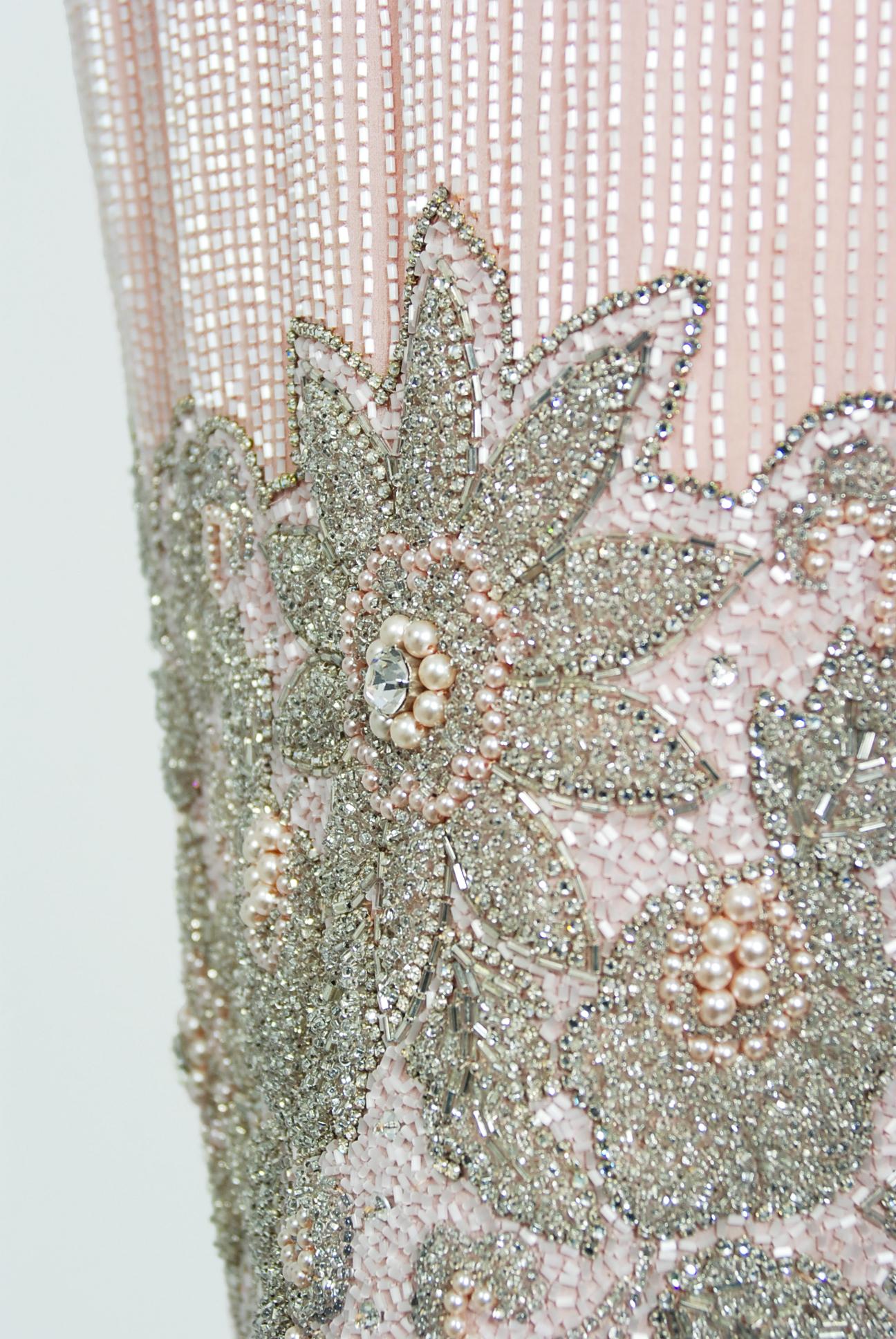 Vintage 1960's Helen Rose Couture Fully-Beaded Blush Pink Silk Hourglass Dress For Sale 1