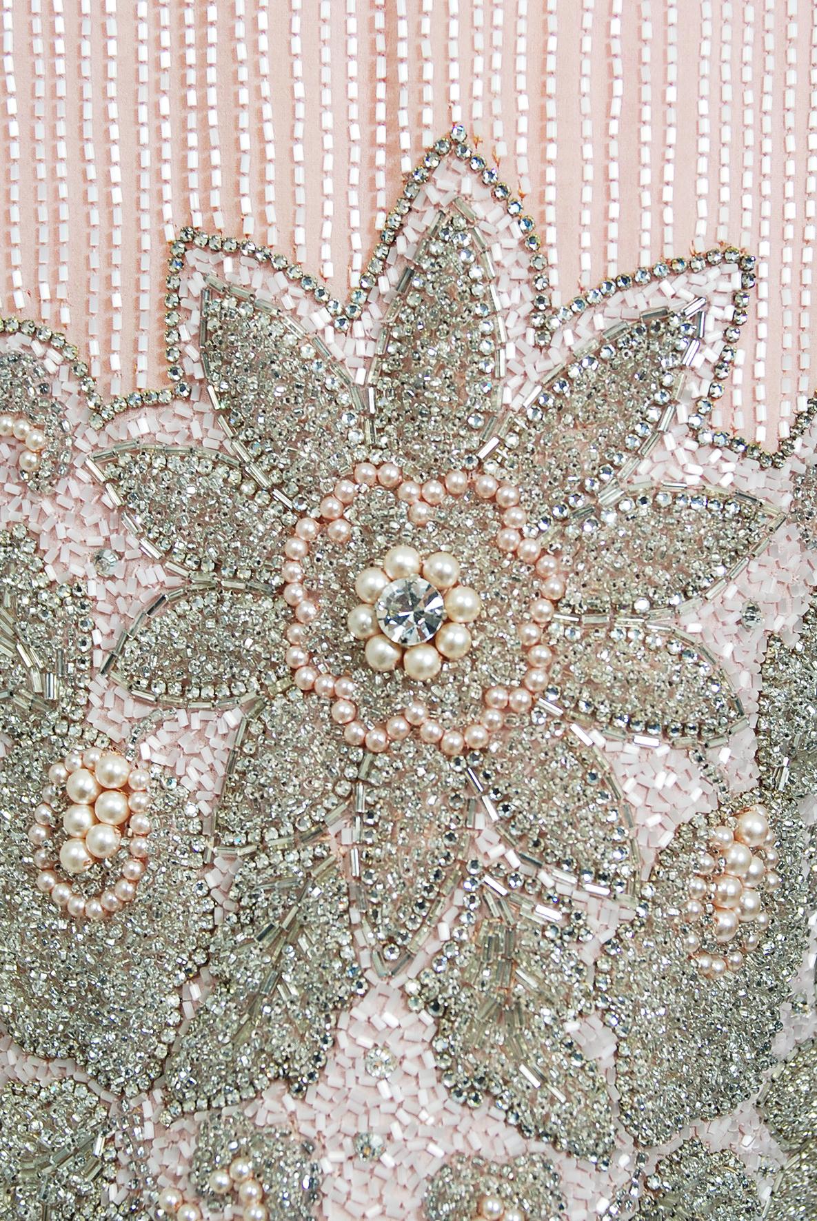 1960's Helen Rose Couture Fully-Beaded Blush Pink Silk Hourglass Cocktail Dress In Good Condition For Sale In Beverly Hills, CA