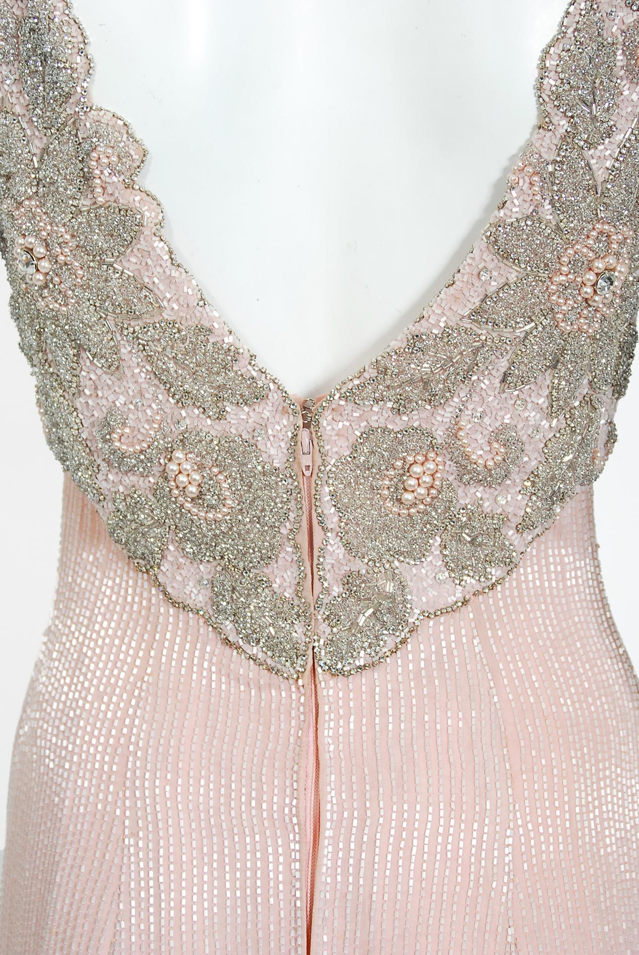Vintage 1960's Helen Rose Couture Fully-Beaded Blush Pink Silk Hourglass Dress For Sale 4
