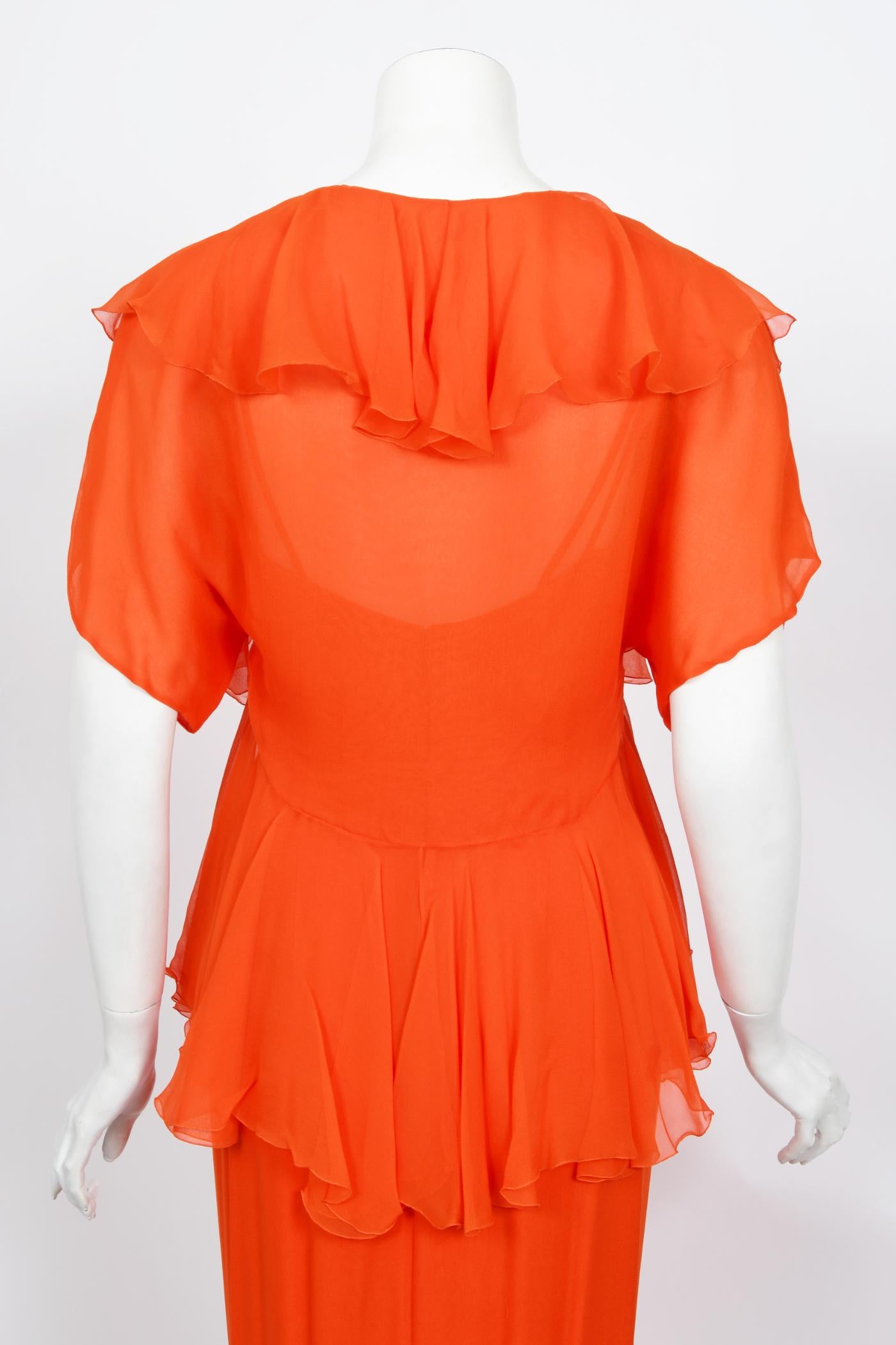 Vintage 1960's Helen Rose Couture Orange Silk-Chiffon Hourglass Ruffle Gown Set  For Sale 6