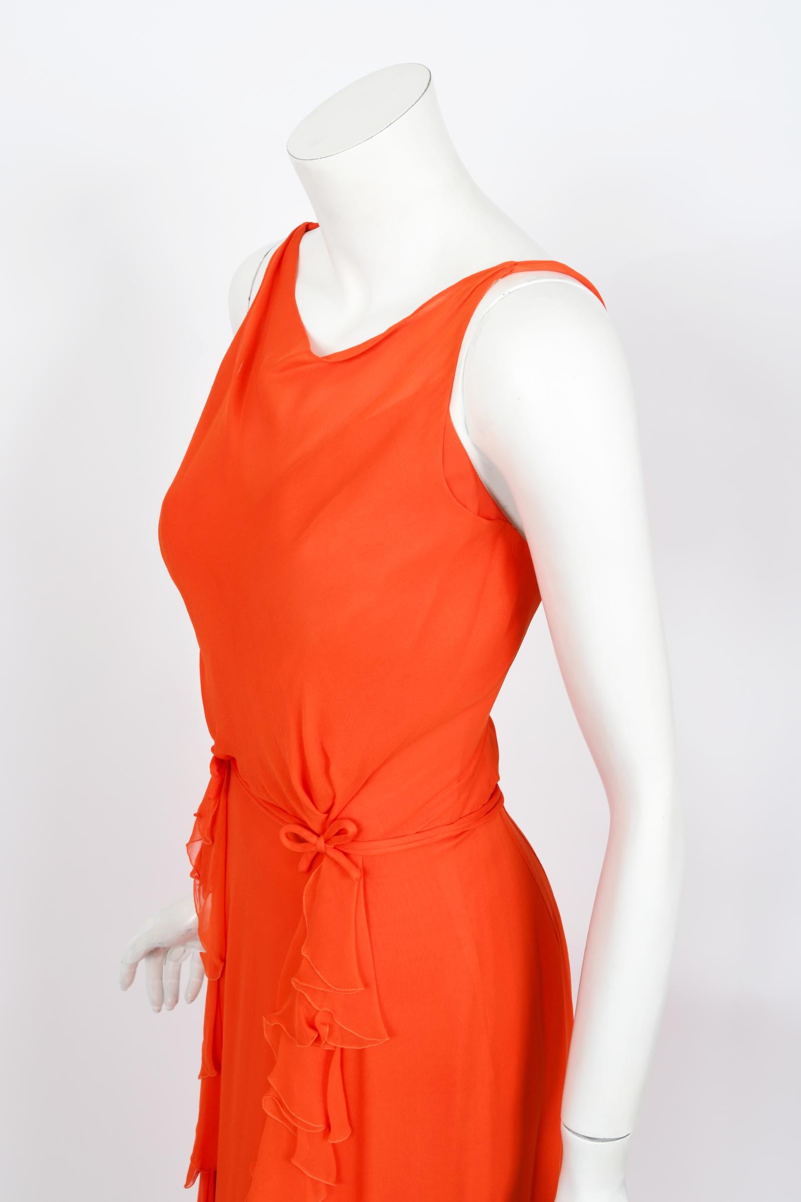 Vintage 1960's Helen Rose Couture Orange Silk-Chiffon Hourglass Ruffle Gown Set In Good Condition In Beverly Hills, CA