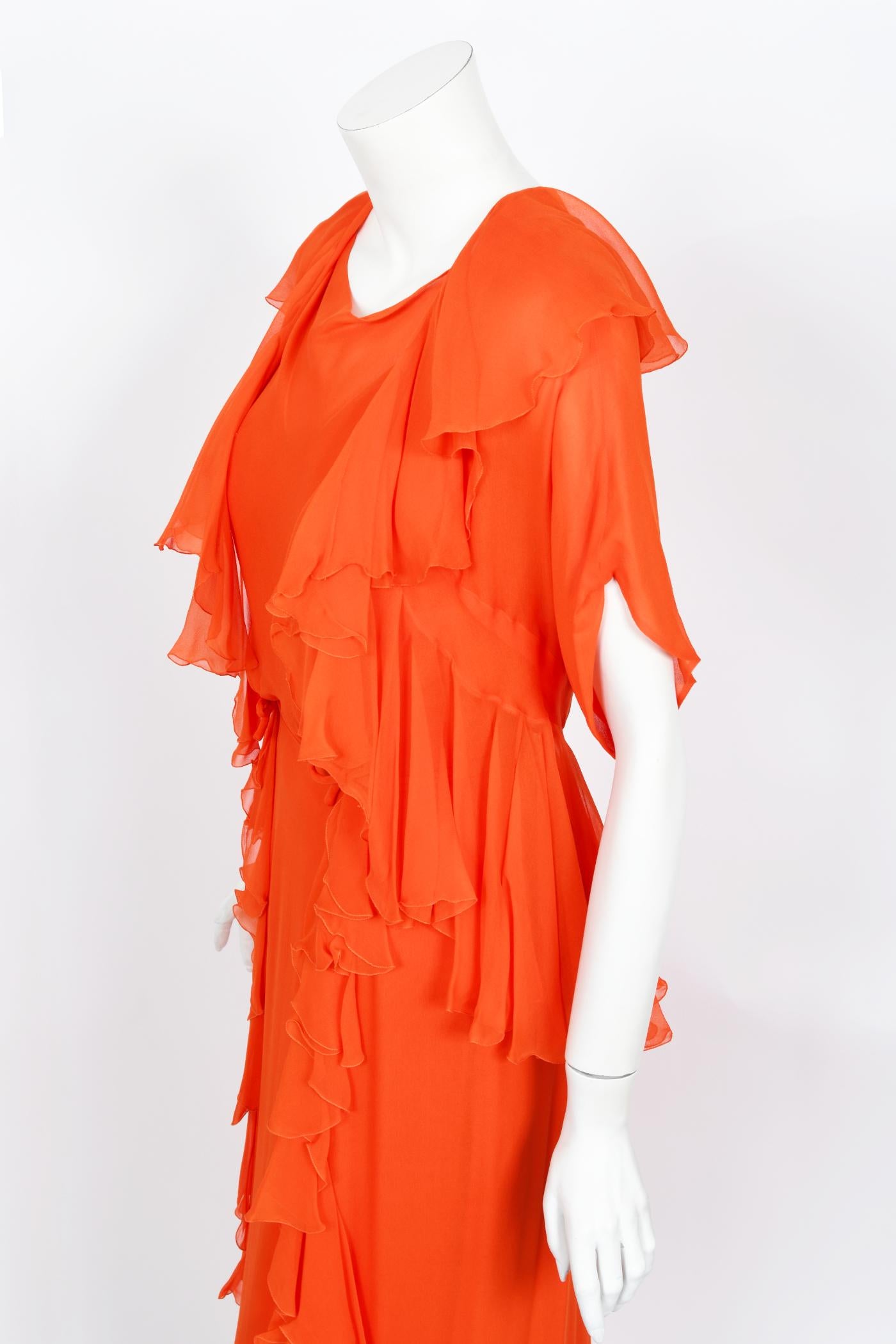 Vintage 1960's Helen Rose Couture Orange Silk-Chiffon Hourglass Ruffle Gown Set  For Sale 2