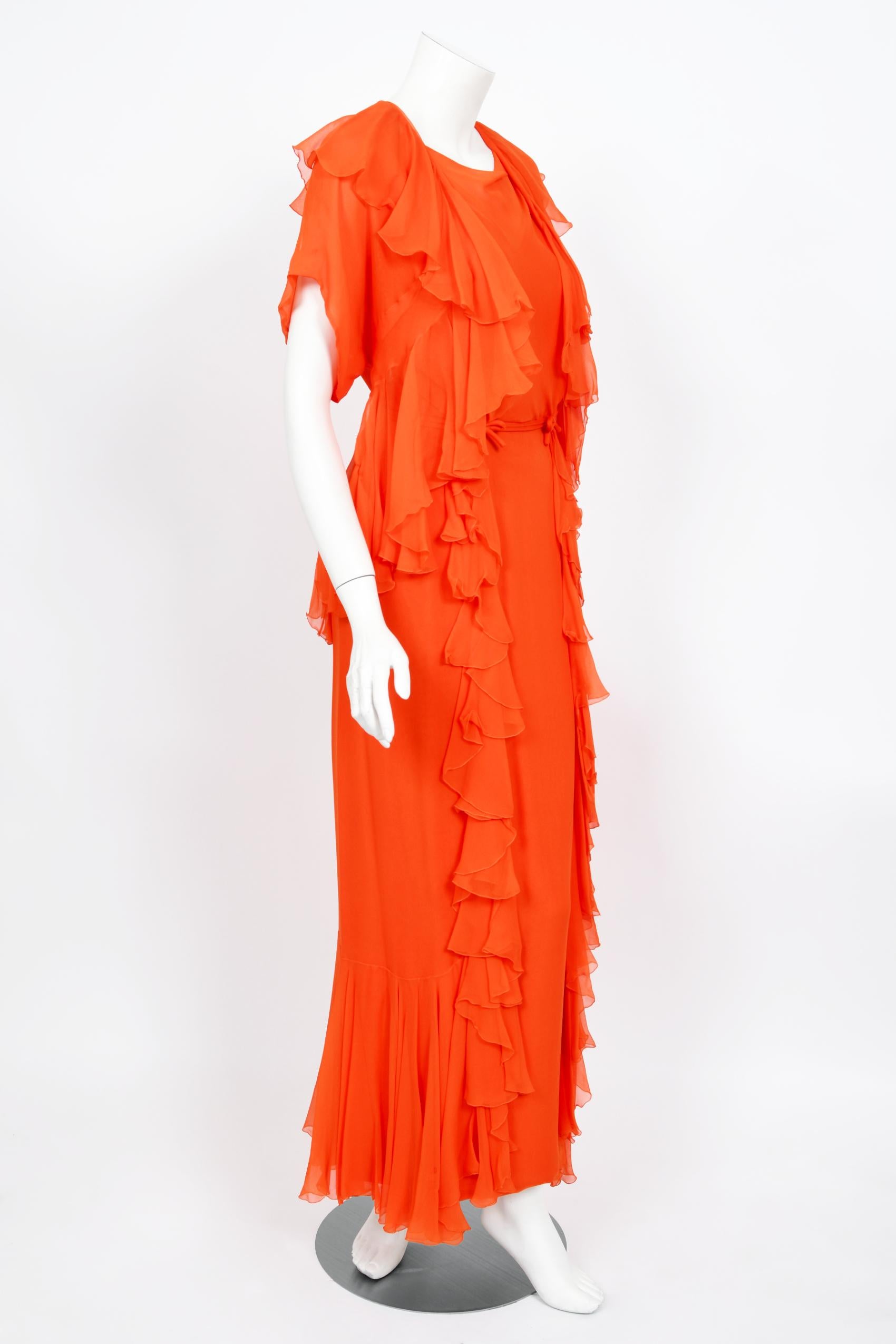 Vintage 1960's Helen Rose Couture Orange Silk-Chiffon Hourglass Ruffle Gown Set  For Sale 3