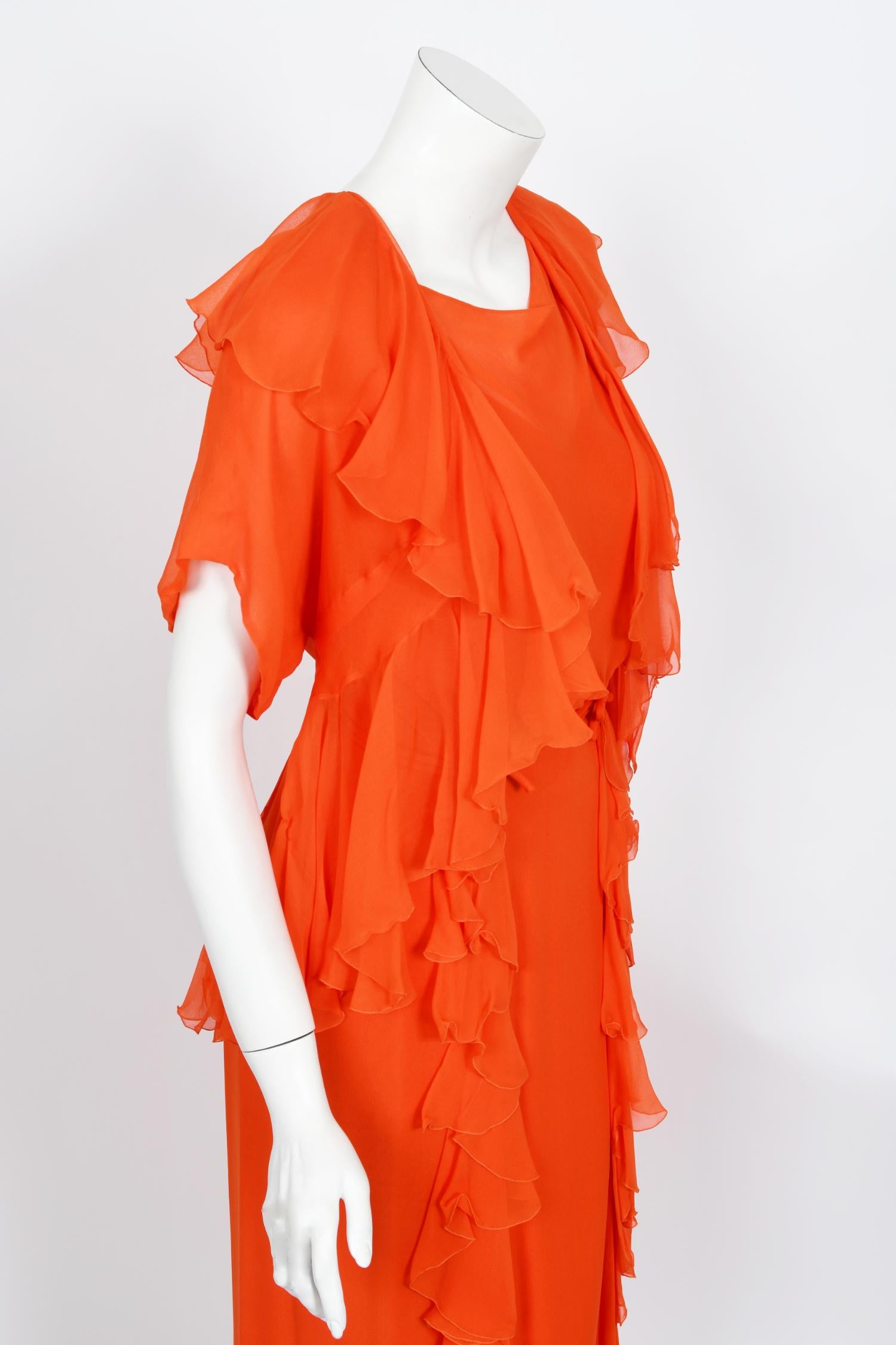 Vintage 1960's Helen Rose Couture Orange Silk-Chiffon Hourglass Ruffle Gown Set  For Sale 4