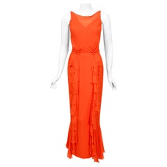 Vintage 1960's Helen Rose Couture Orange Silk-Chiffon Hourglass Ruffle Gown Set