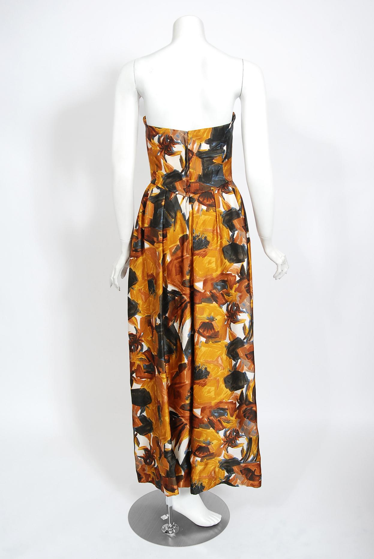 Vintage 1960's Helena Barbieri Beaded Marigold Floral Print Silk Strapless Gown 4