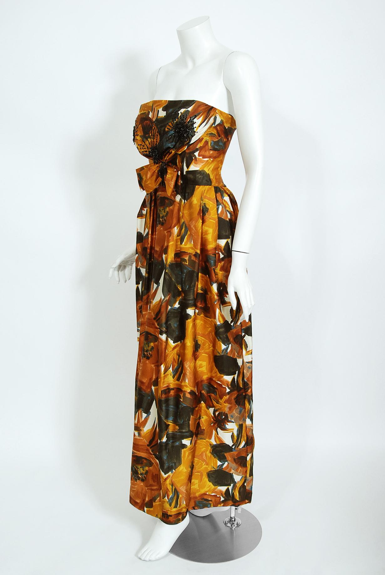 Brown Vintage 1960's Helena Barbieri Beaded Marigold Floral Print Silk Strapless Gown