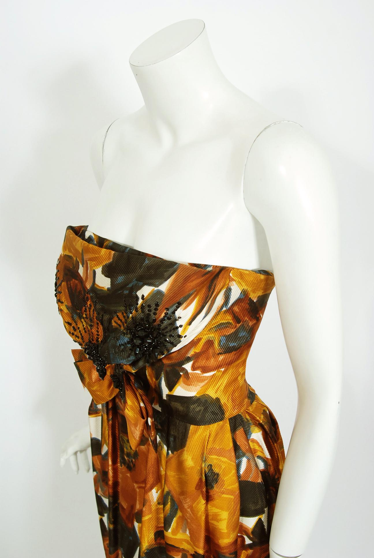 Vintage 1960's Helena Barbieri Beaded Marigold Floral Print Silk Strapless Gown In Good Condition In Beverly Hills, CA