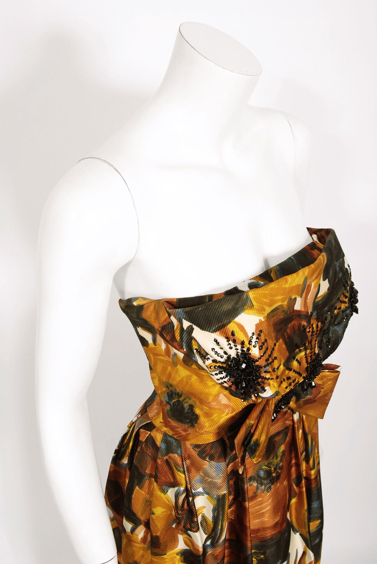 Vintage 1960's Helena Barbieri Beaded Marigold Floral Print Silk Strapless Gown 2
