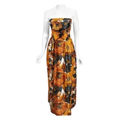 Vintage 1960's Helena Barbieri Beaded Marigold Floral Print Silk Strapless Gown