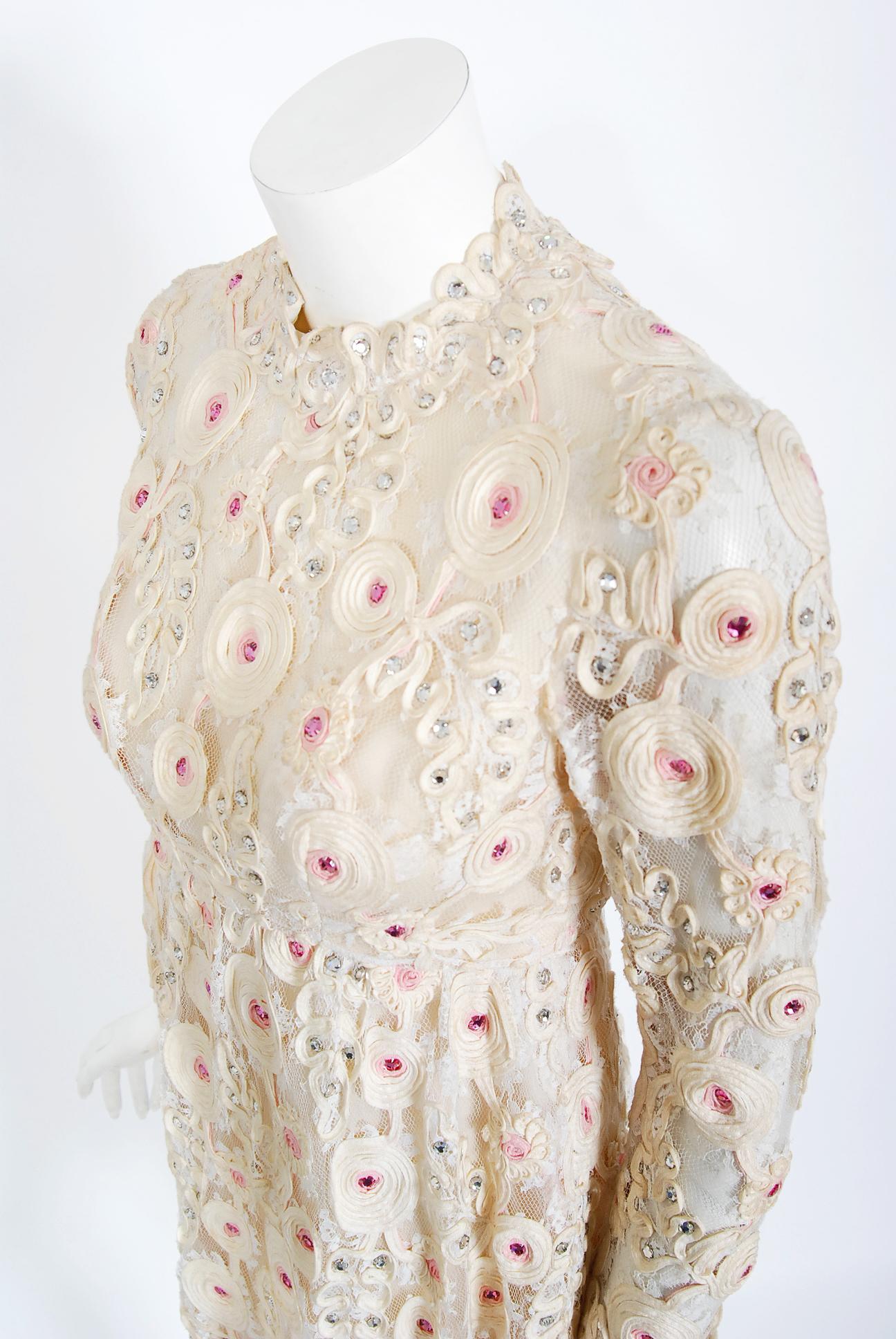 White Vintage 1960's Henri Bendel Ivory & Pink Embroidered Lace Babydoll Mini Dress