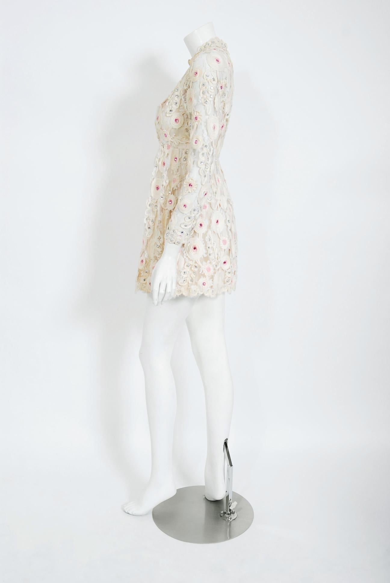 Vintage 1960's Henri Bendel Ivory & Pink Embroidered Lace Babydoll Mini Dress 1