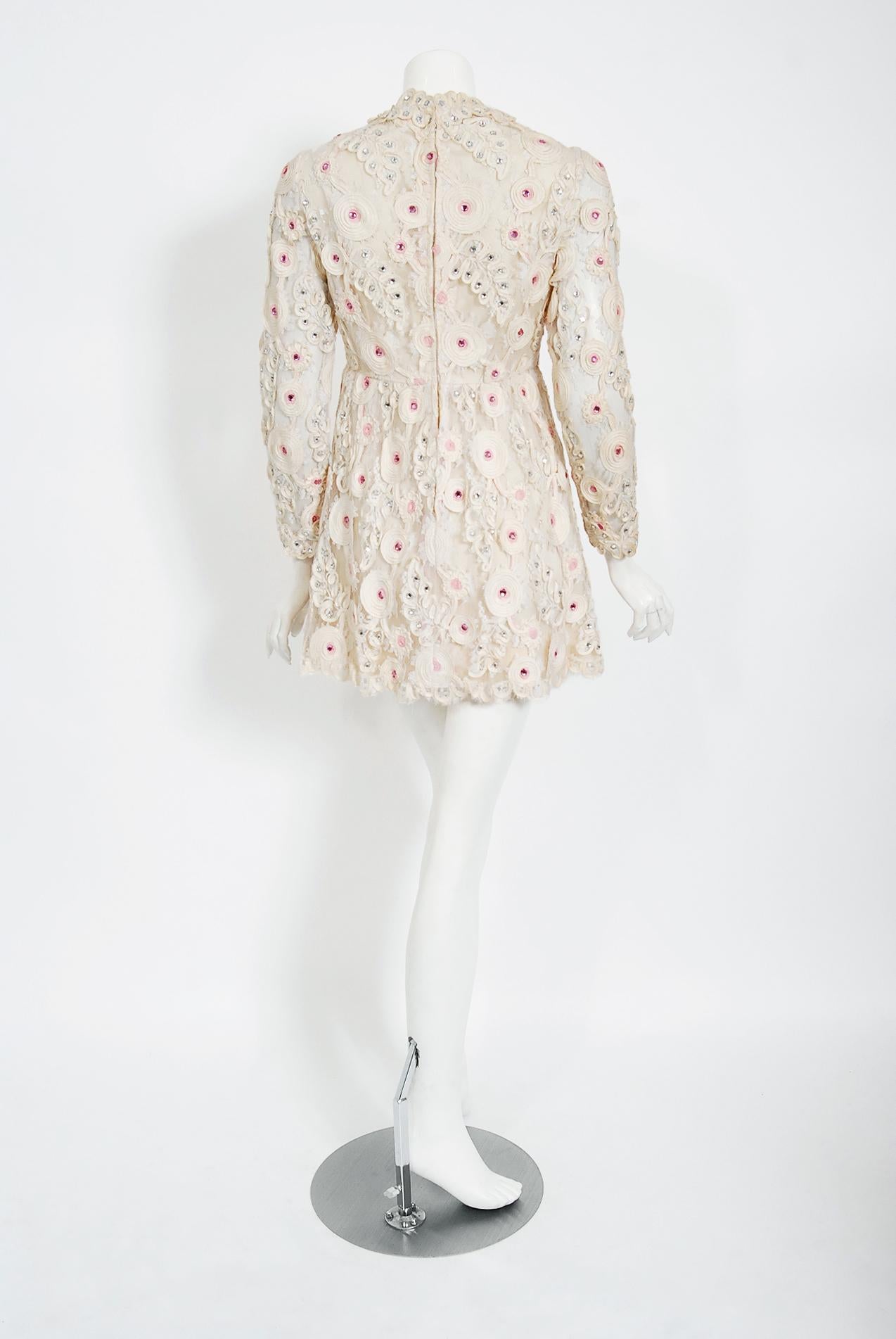 Vintage 1960's Henri Bendel Ivory & Pink Embroidered Lace Babydoll Mini Dress 2