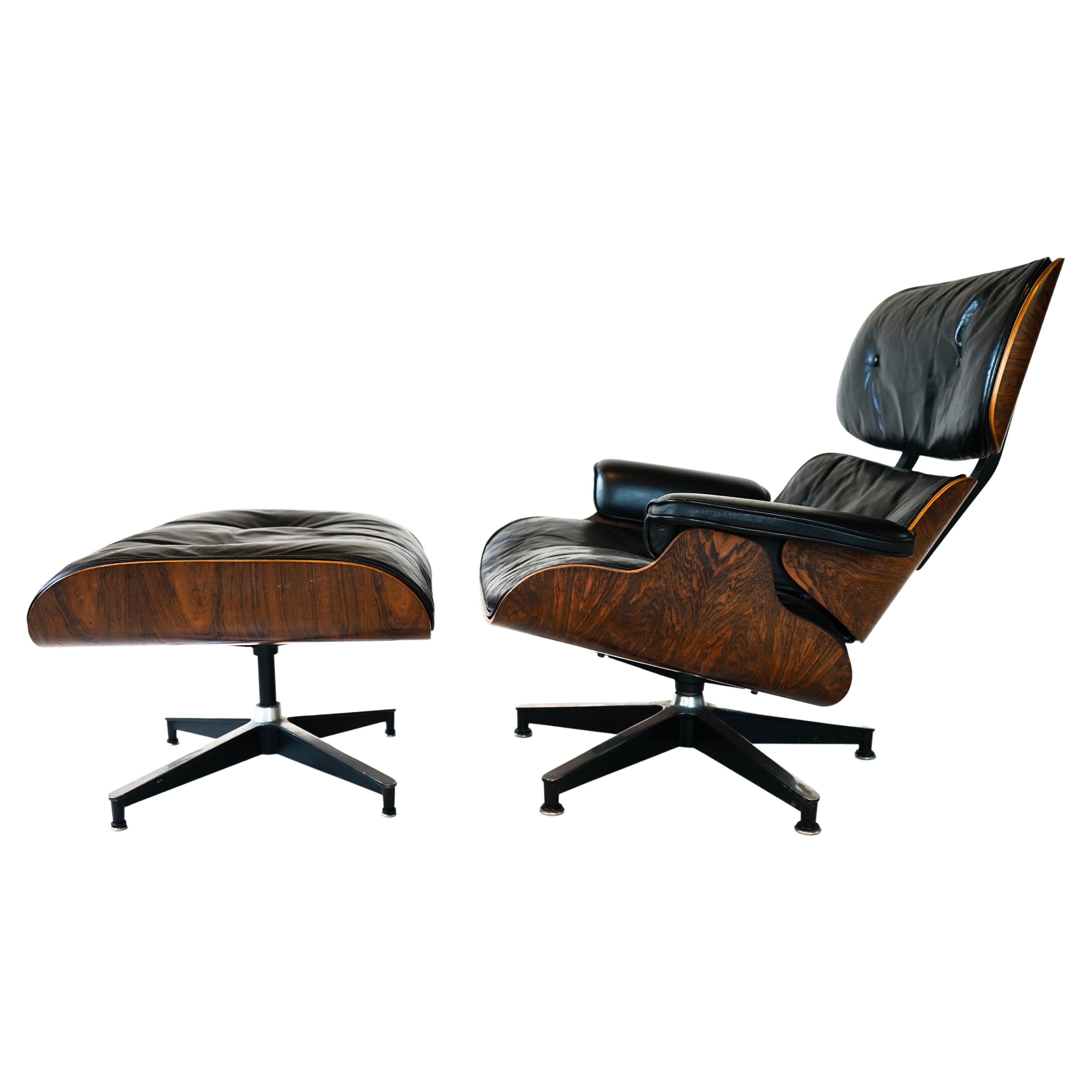 Vintage 1960's Herman Miller Eames Lounge and Ottoman 670 & 671. A very nice, all original example. The wood is in great condition with no chips or notable issues. The leather has minor normal wear. 

