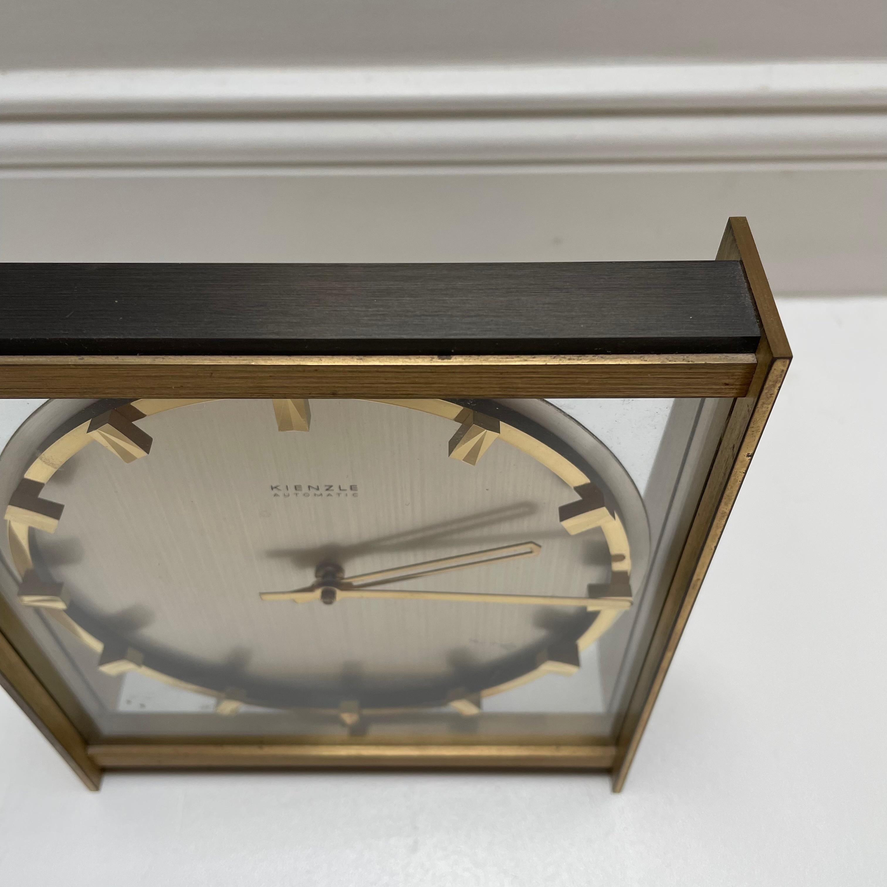 Vintage 1960s Hollywood Regency Brass Glass Table Clock by Kienzle, Germany For Sale 2