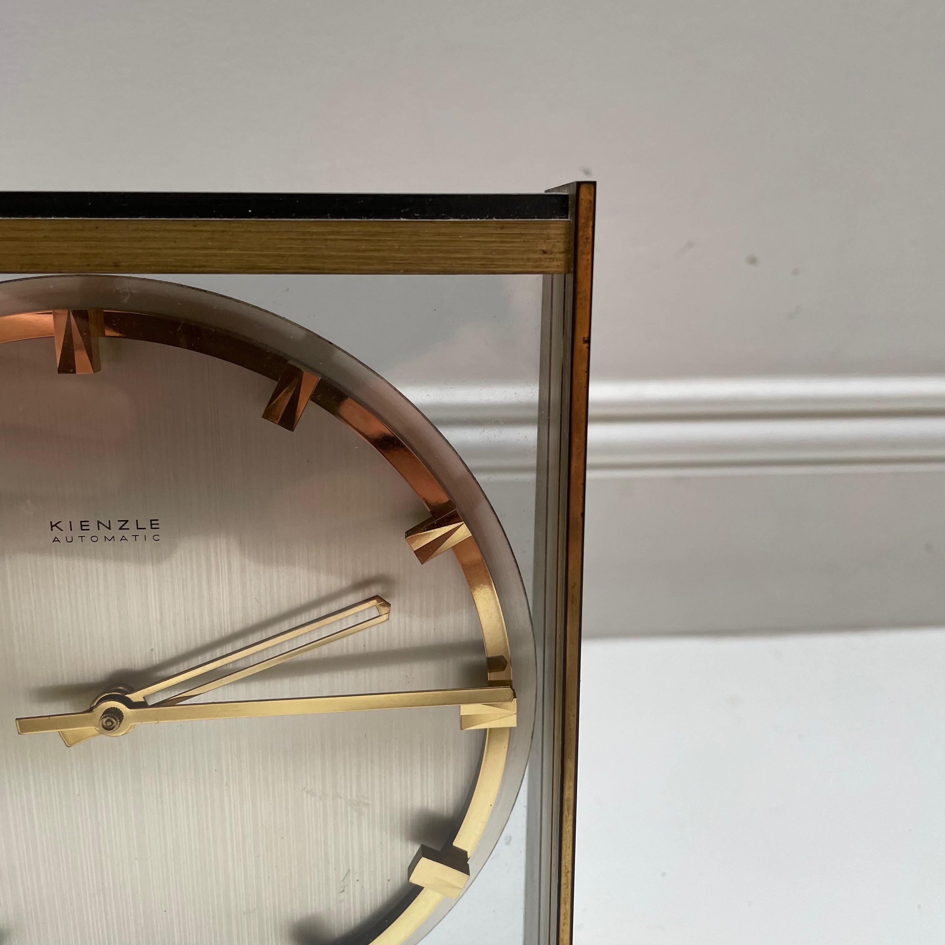 Mid-Century Modern Vintage 1960s Hollywood Regency Brass Glass Table Clock by Kienzle, Germany For Sale