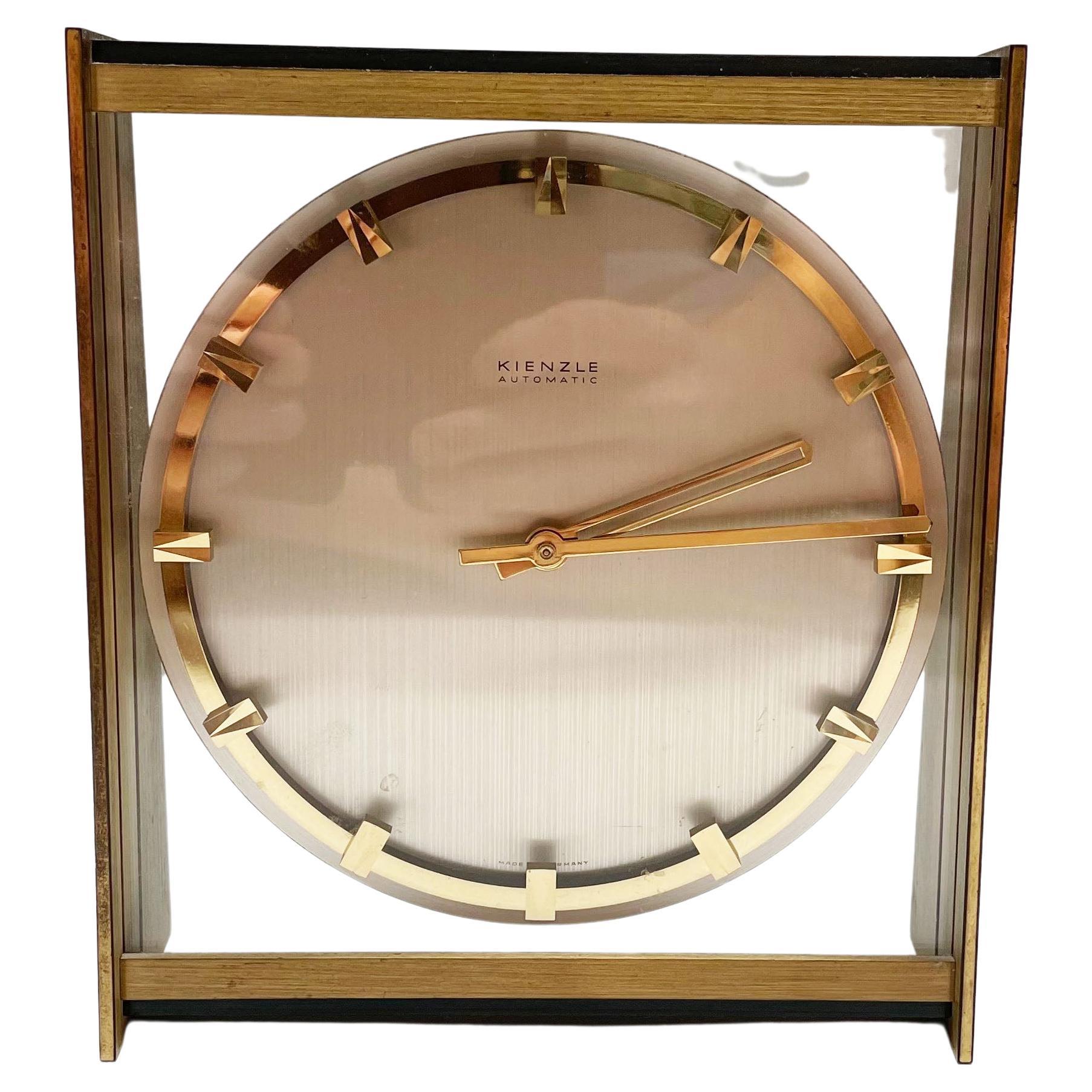 Vintage 1960s Hollywood Regency Brass Glass Table Clock by Kienzle, Germany
