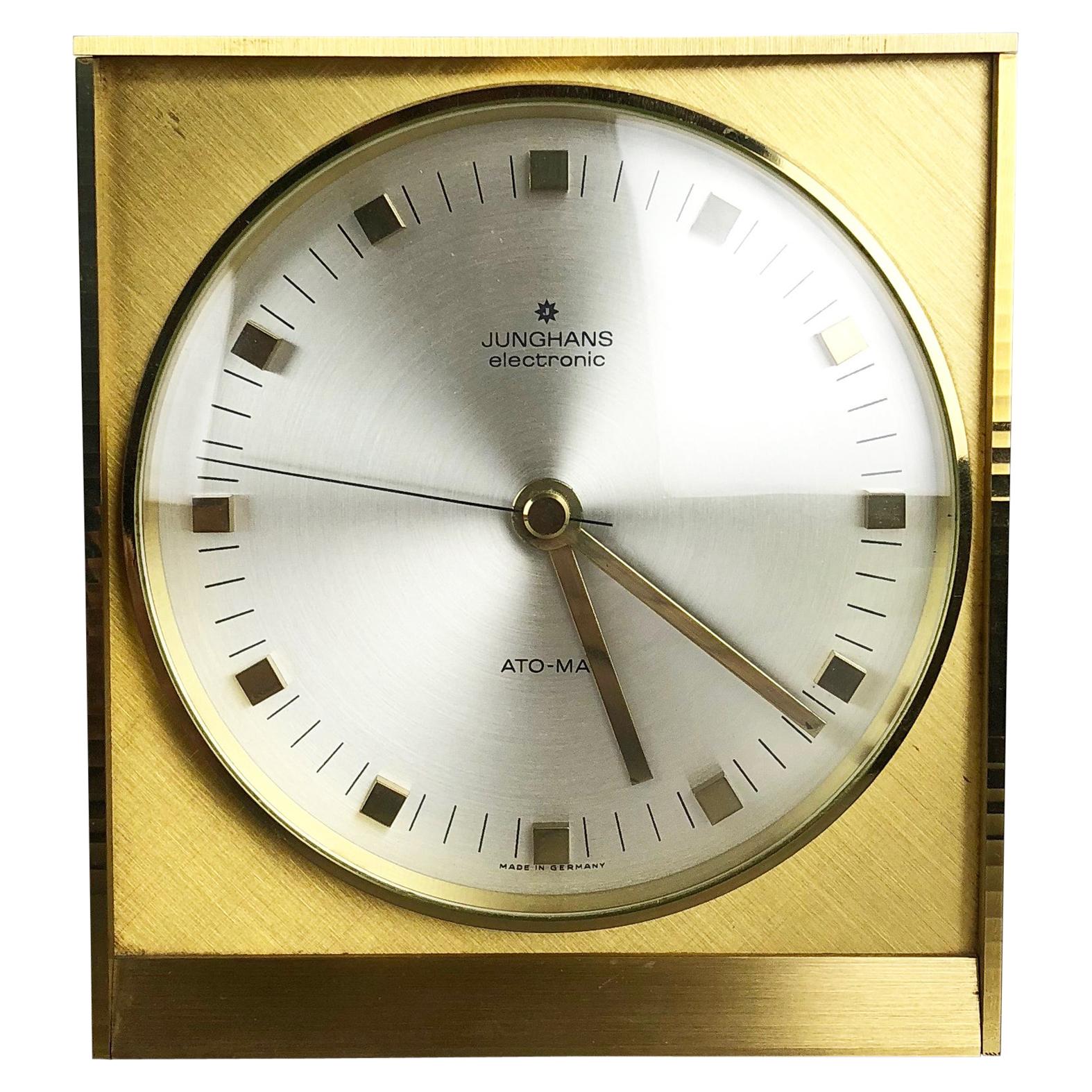 Vintage 1960s Hollywood Regency Brass Table Clock Junghans Electronic, Germany