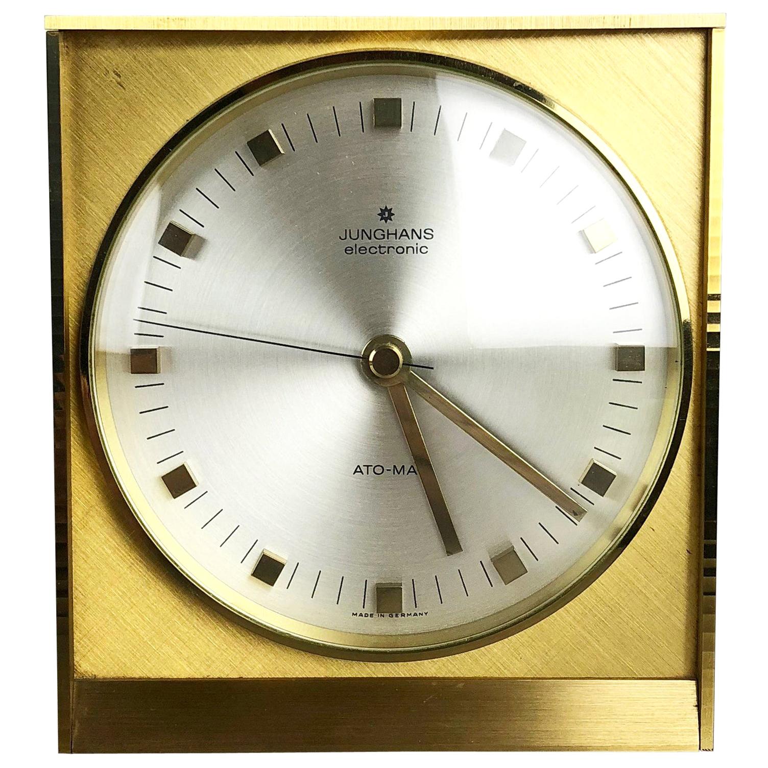 Vintage 1960s Hollywood Regency Brass Table Clock Junghans Electronic, Germany