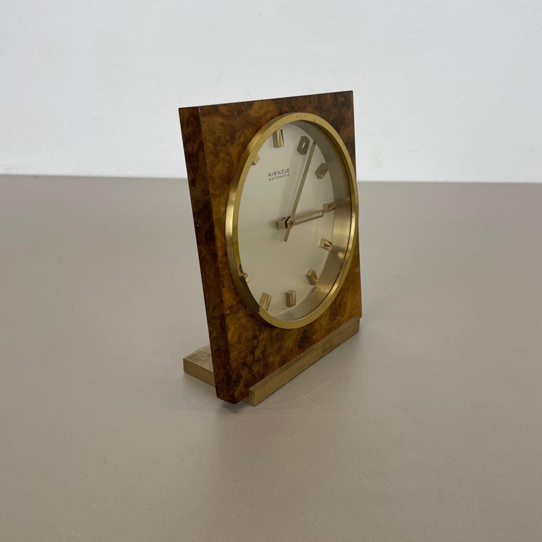 Vintage 1960s Hollywood Regency brass walnut Table Clock by Kienzle, Germany For Sale 7