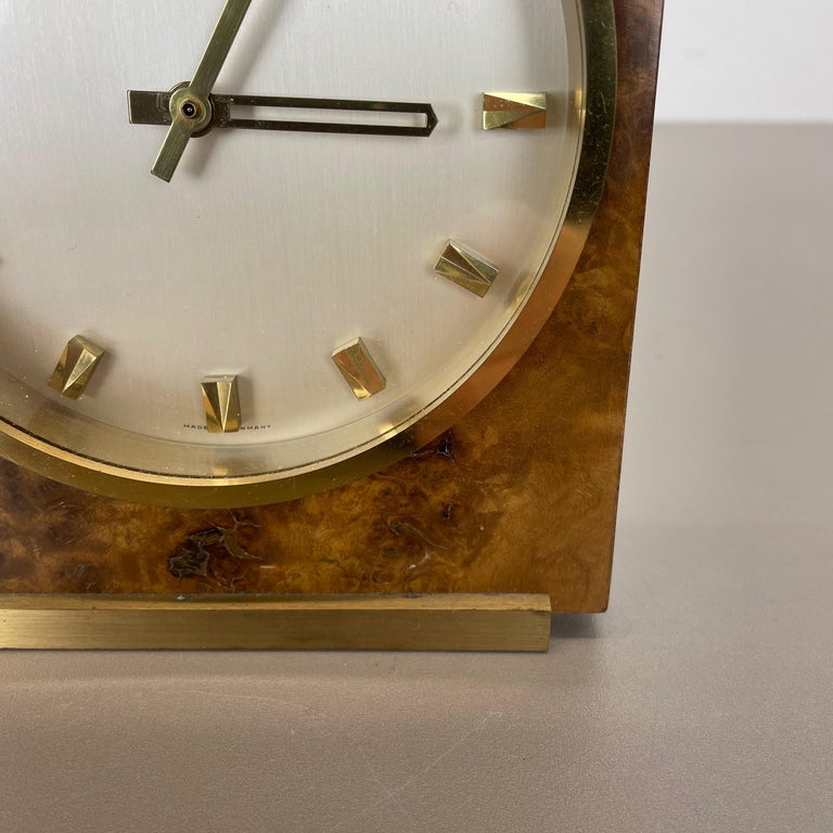 20th Century Vintage 1960s Hollywood Regency brass walnut Table Clock by Kienzle, Germany For Sale
