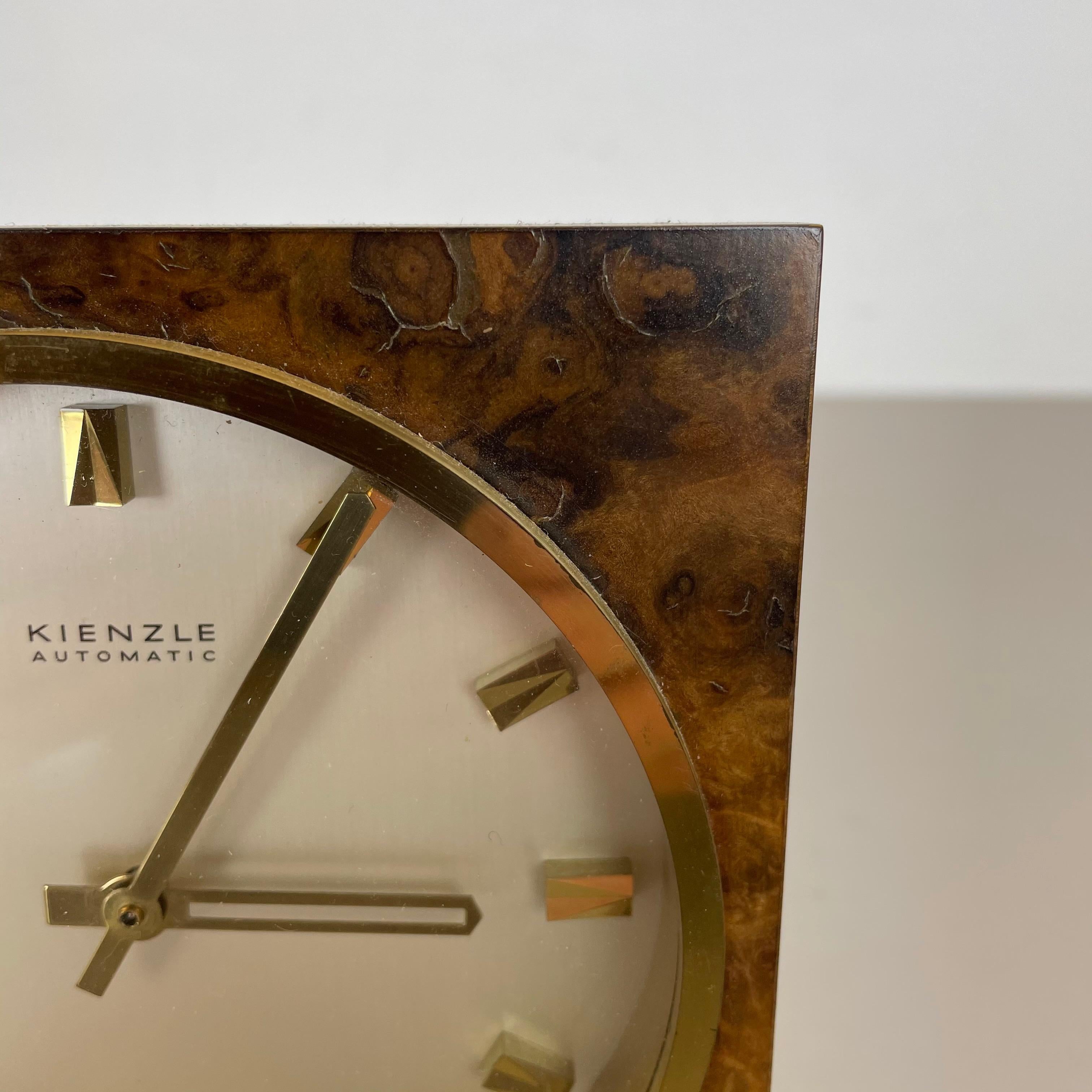 Mid-Century Modern Vintage 1960s Hollywood Regency brass walnut Table Clock by Kienzle, Germany For Sale