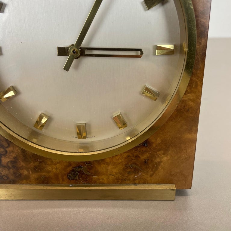 Vintage 1960s Hollywood Regency brass walnut Table Clock by Kienzle, Germany For Sale 2