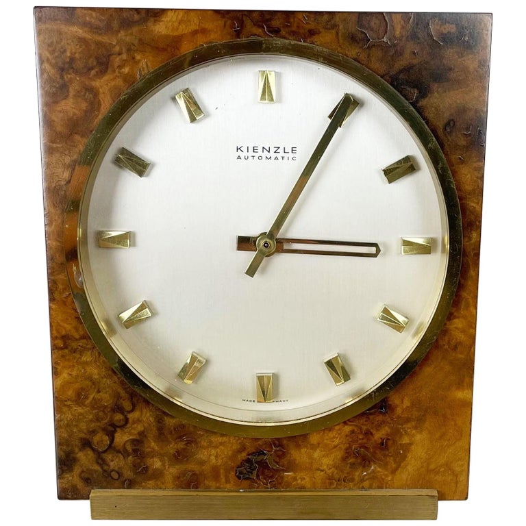 Vintage 1960s Hollywood Regency brass walnut Table Clock by Kienzle, Germany For Sale