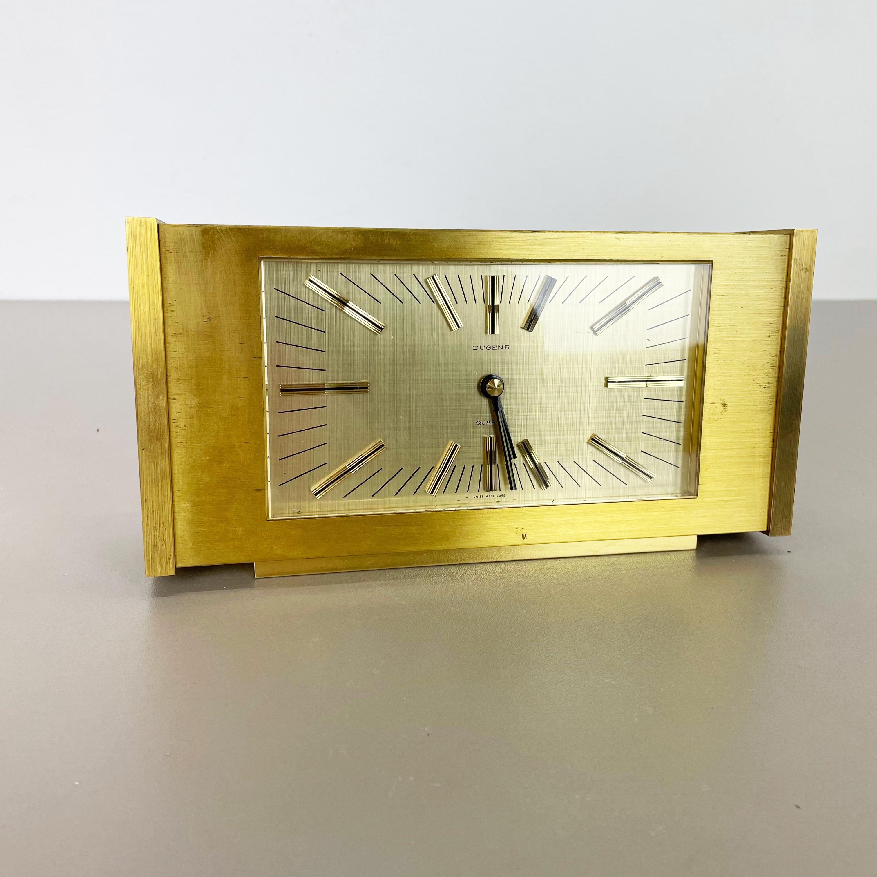 Mid-Century Modern Vintage 1960s Hollywood Regency Solid Brass Table Clock Dugena, Switzerland