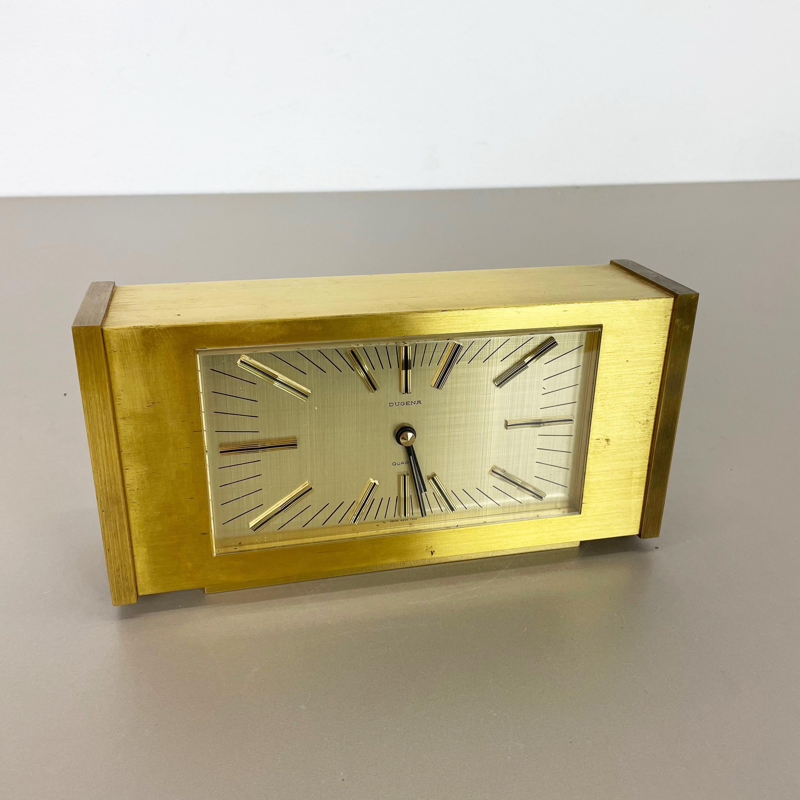 German Vintage 1960s Hollywood Regency Solid Brass Table Clock Dugena, Switzerland