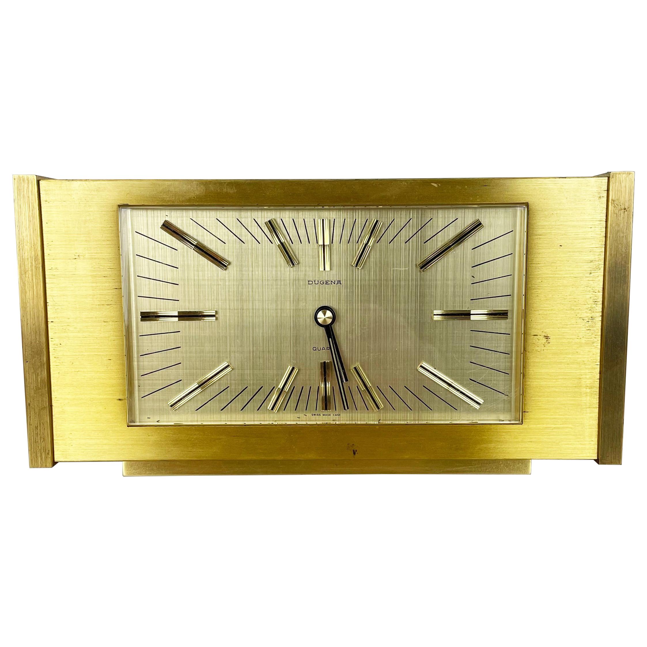 Vintage 1960s Hollywood Regency Solid Brass Table Clock Dugena, Switzerland