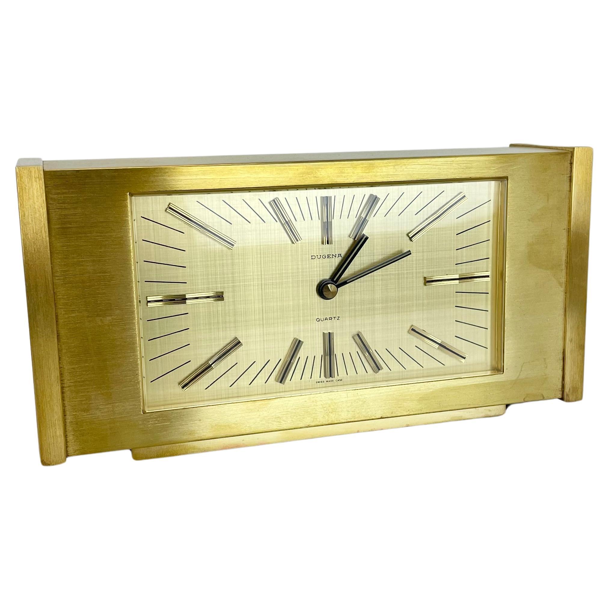 Vintage 1960s Hollywood Regency Solid Brass Table Clock Dugena, Switzerland