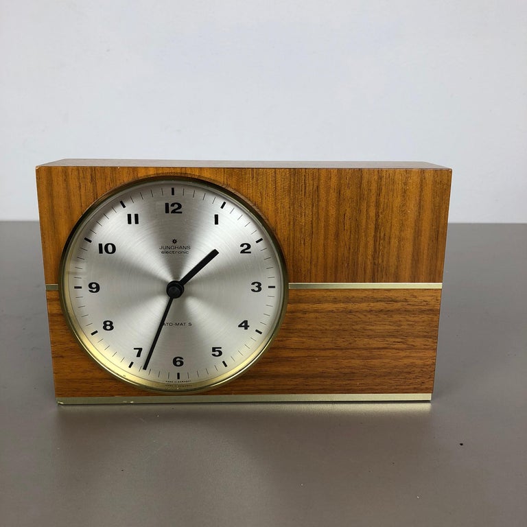 Vintage 1960s Hollywood Regency Teak Table Clock Junghans Electronic