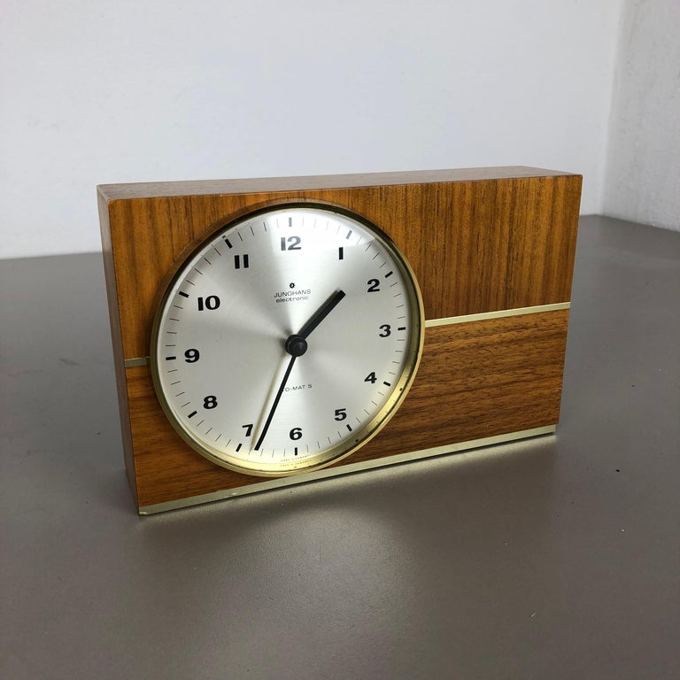 Vintage 1960s Hollywood Regency Teak Table Clock Junghans Electronic