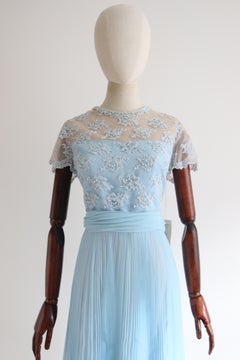 Vintage 1960's Ice Blue Chiffon and Lace Pleated Dress UK 12 US 8