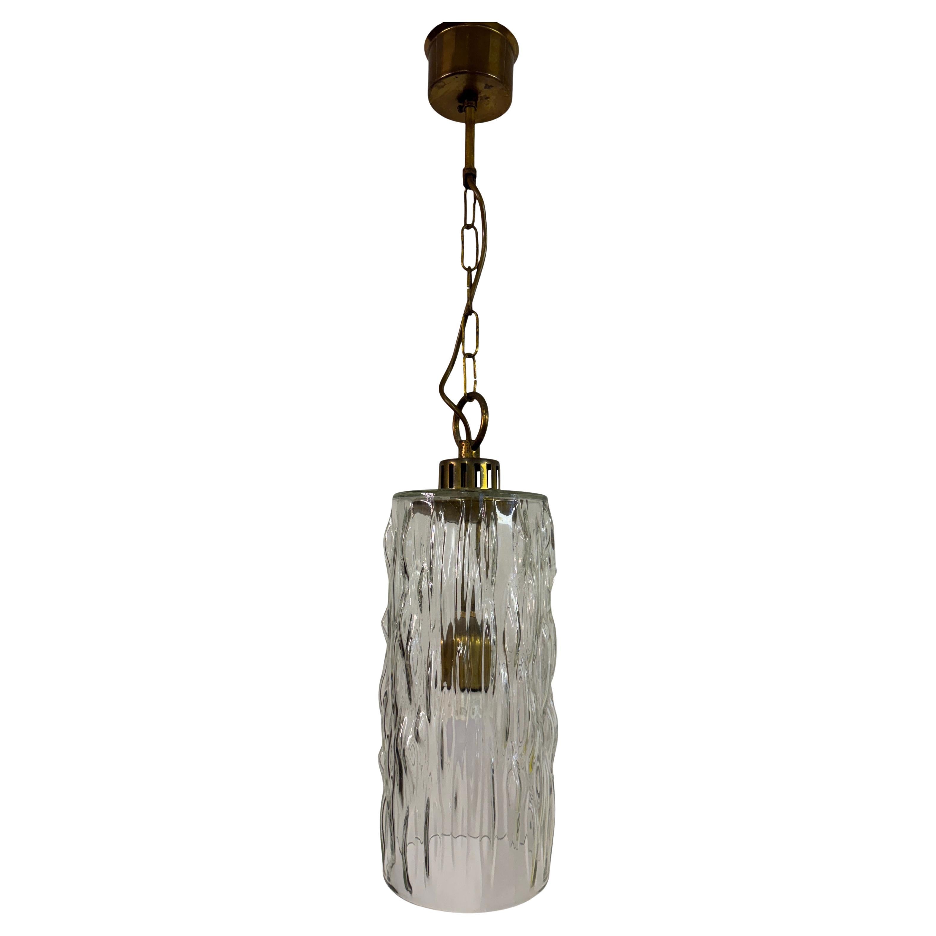 Vintage 1960s Ice Glass And Brass Ceiling Pendant