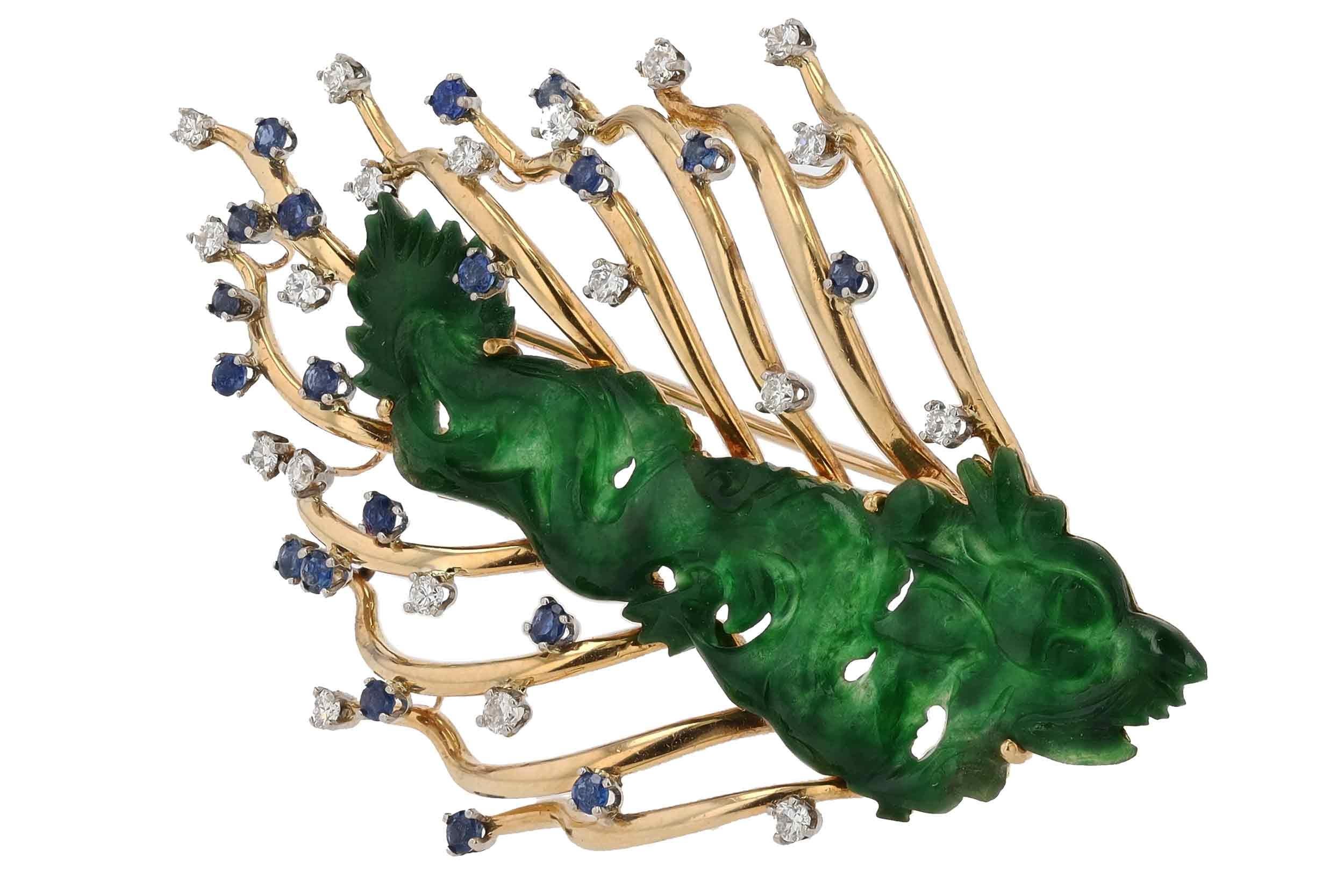 A one of a kind vintage brooch pin, from the distinctive 1960s Modernist Era. The beautifully hand-carved Dragon of natural, Type A untreated Imperial Jade makes a unique and powerful addition to your collection. All natural, 19 diamonds and 18