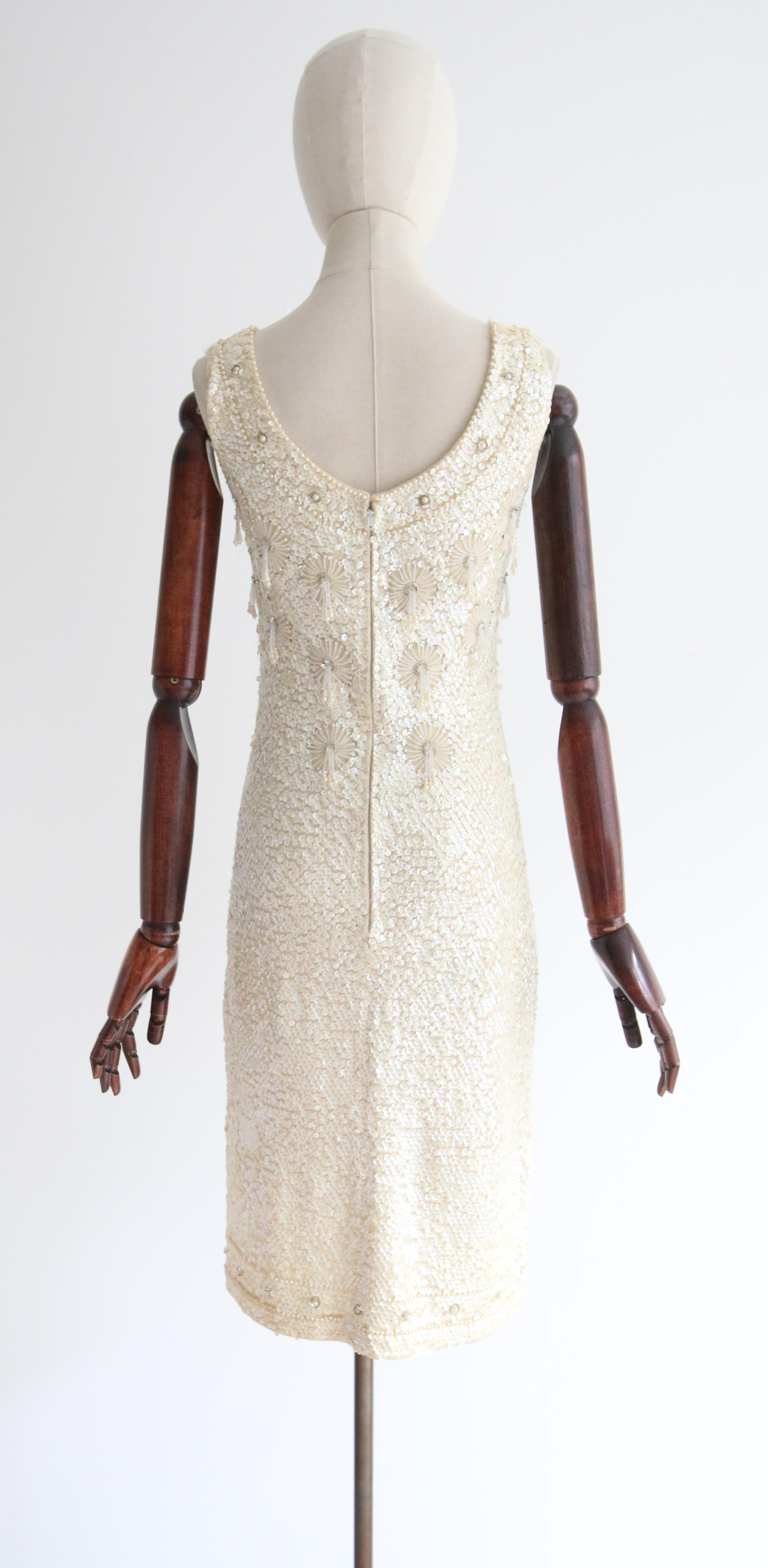 Vintage 1960's Iridescent Cream Sequin & Beaded Wool Dress UK 8-10 US 4-6 For Sale 6