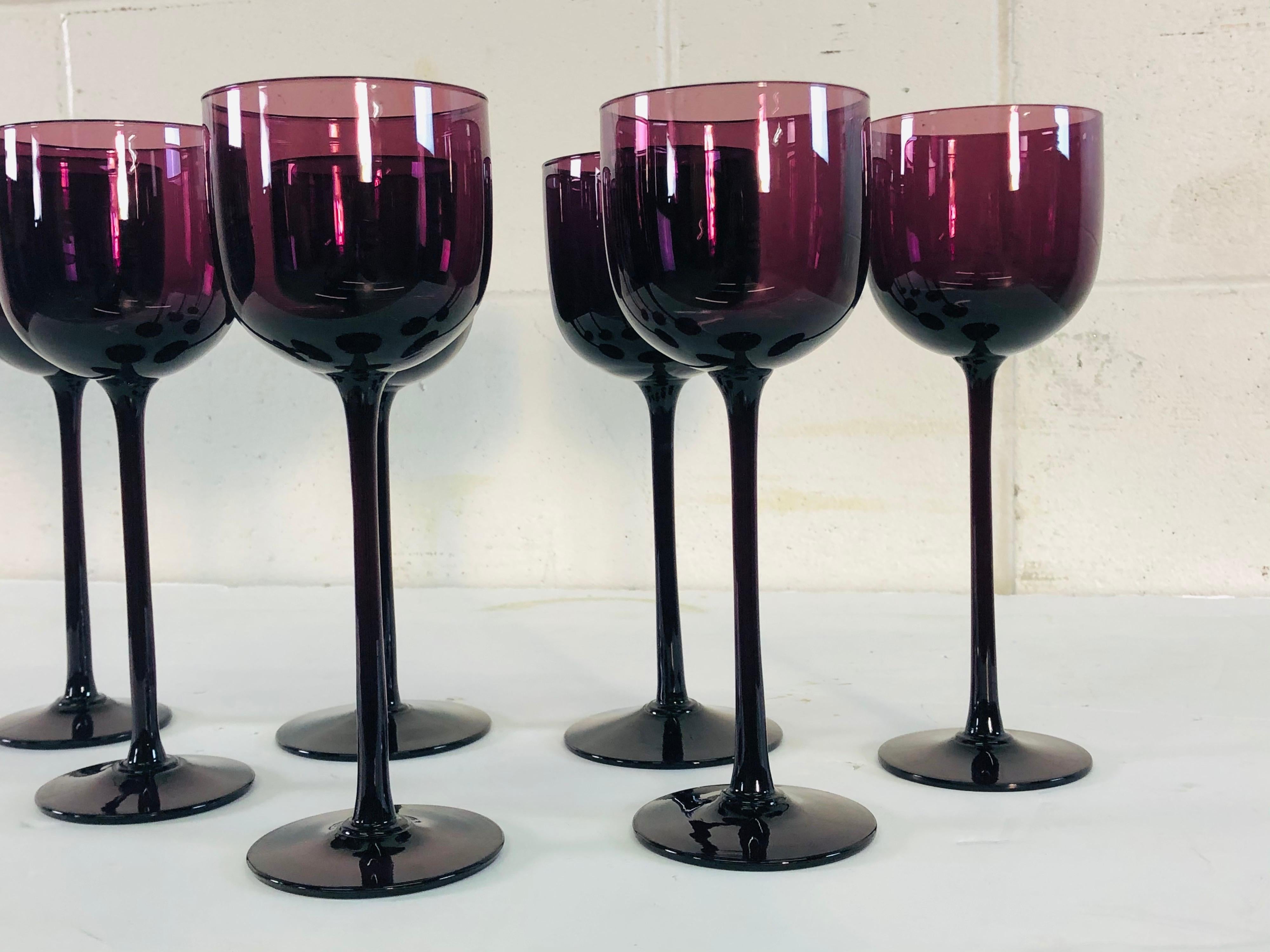 Blown Glass Vintage 1960s Italian Amethyst Tall Wine Stems, Set of 7