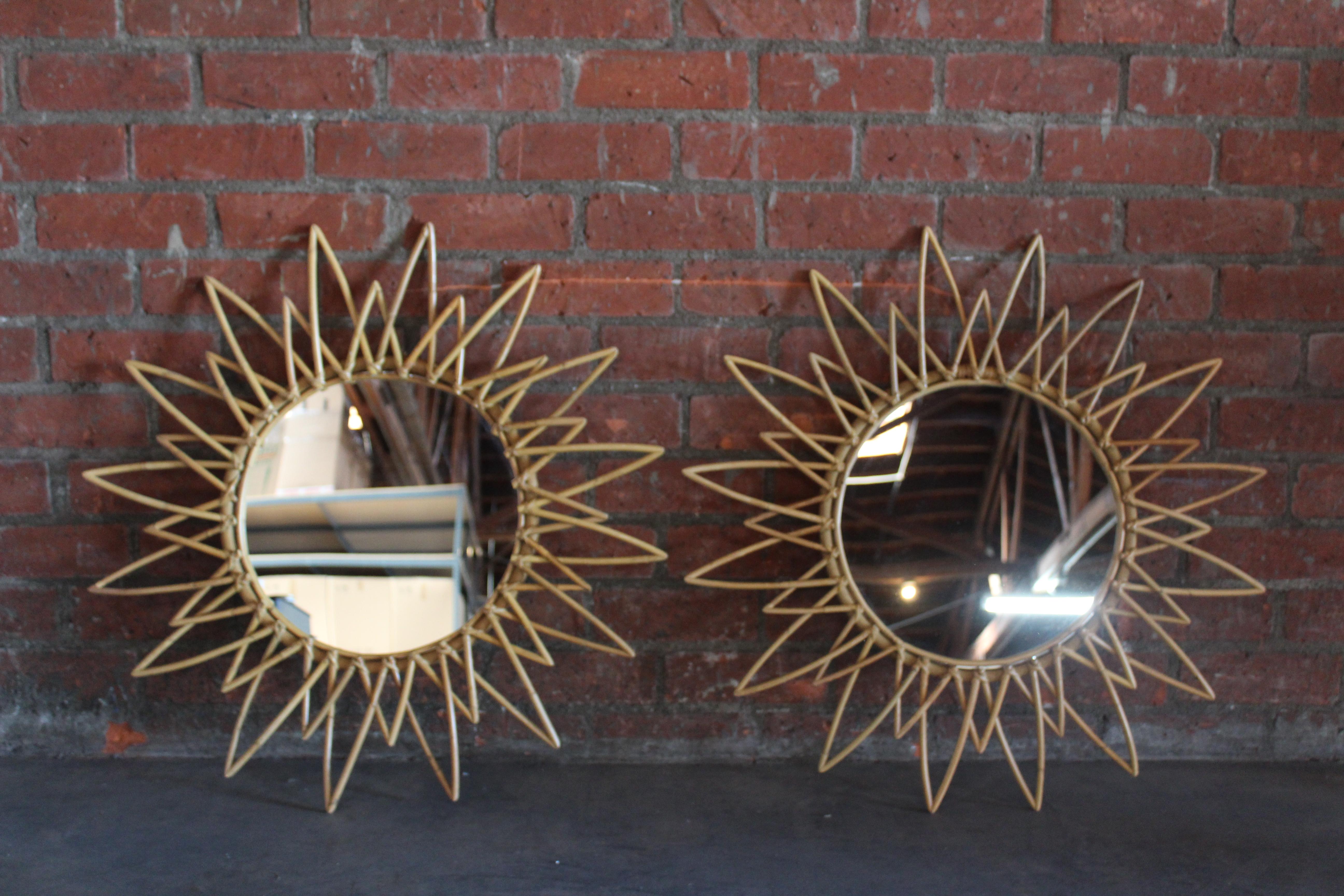 Vintage star sunbursts mirros made of bamboo, from Italy circa 1960s. In over all wonderful condition. Pair available. Sold individually.
