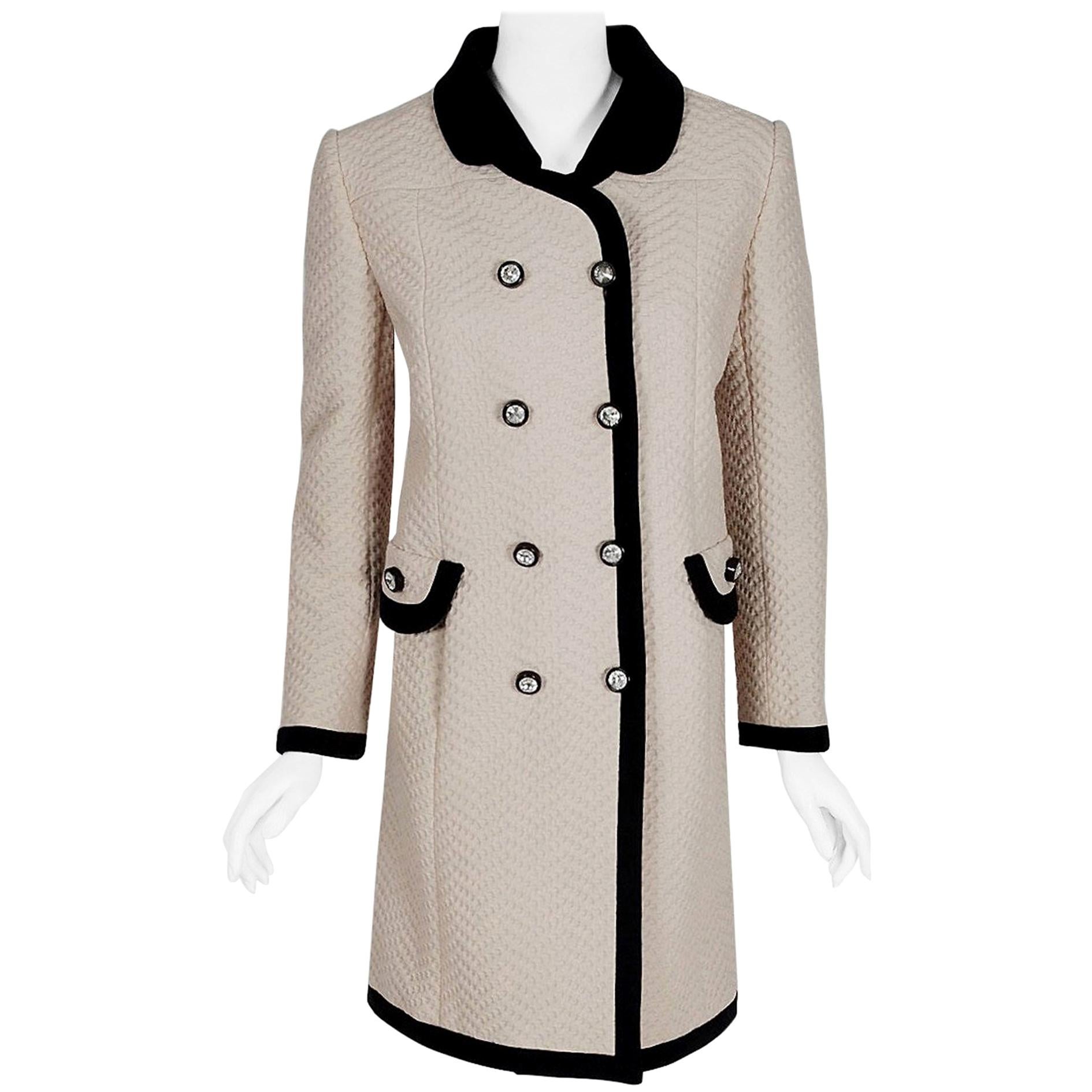 Vintage 1960's Italian Couture Creme Waffle Silk-Pique Double Breasted Mod Coat