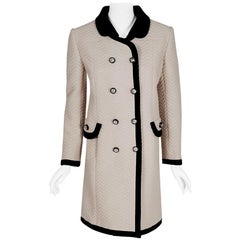 Retro 1960's Italian Couture Creme Waffle Silk-Pique Double Breasted Mod Coat