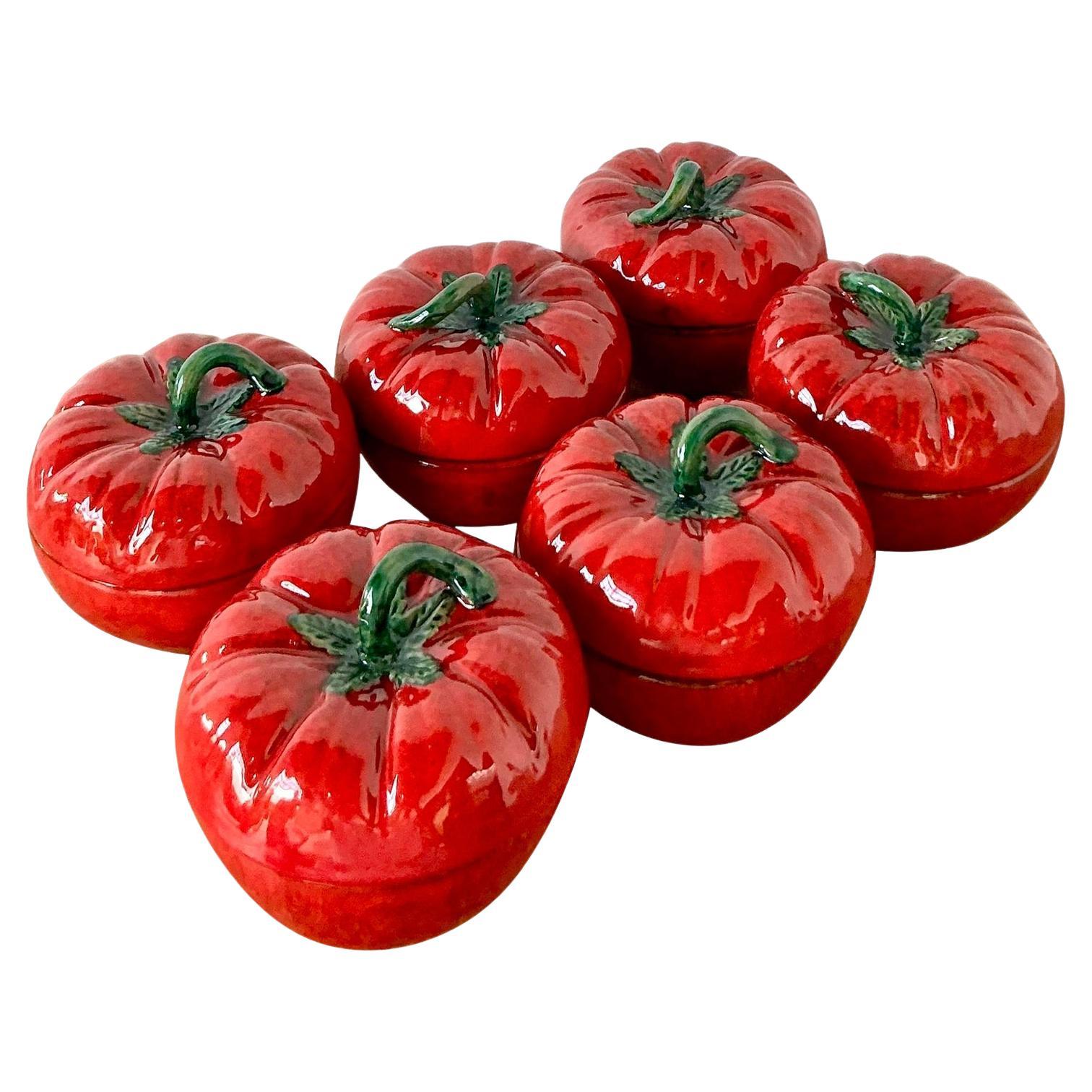 Vintage 1960s Italian Glazed Ceramic Tomato Lidded Bowls - Set of 6
