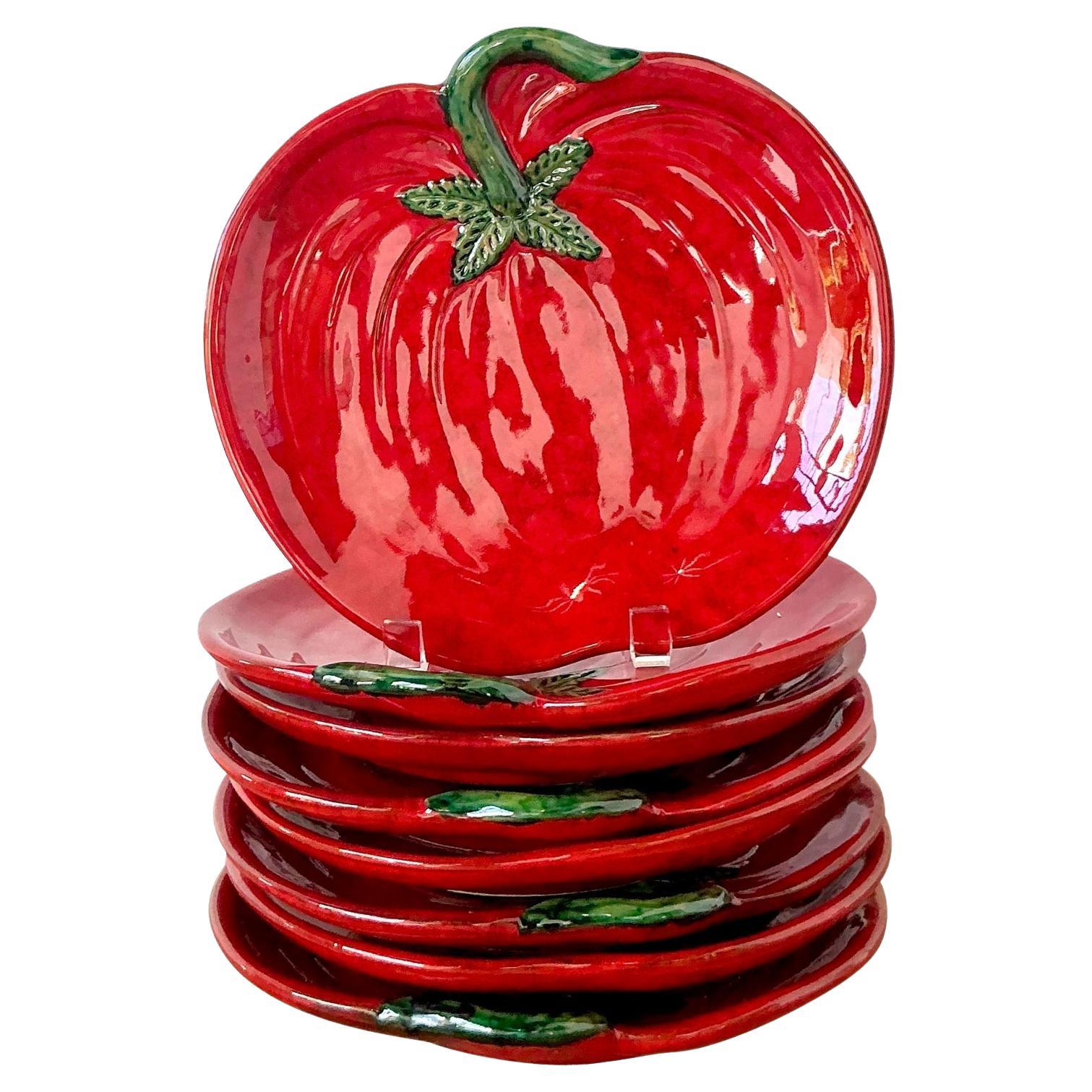 Vintage 1960s Italian Glazed Ceramic Tomato Plates - Set of 8