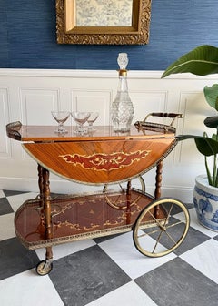 Vintage 1960s Italian Marquetry Bar Cart with Brass Gallery & Wheels