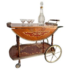 Vintage 1960s Italian Marquetry Bar Cart with Brass Gallery & Wheels