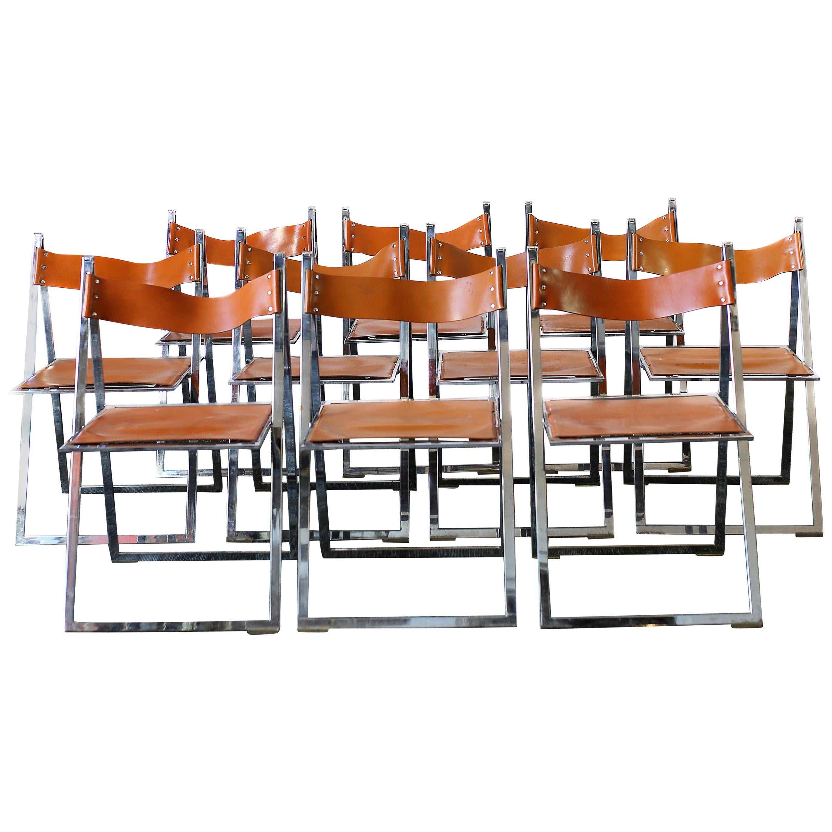 Vintage 1960s Italian Set of Six Chrome and Leather Folding Chairs by Elios