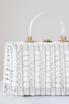 Vintage 1960's Ivory Woven Basket Bag Pearlescent Lucite Handles