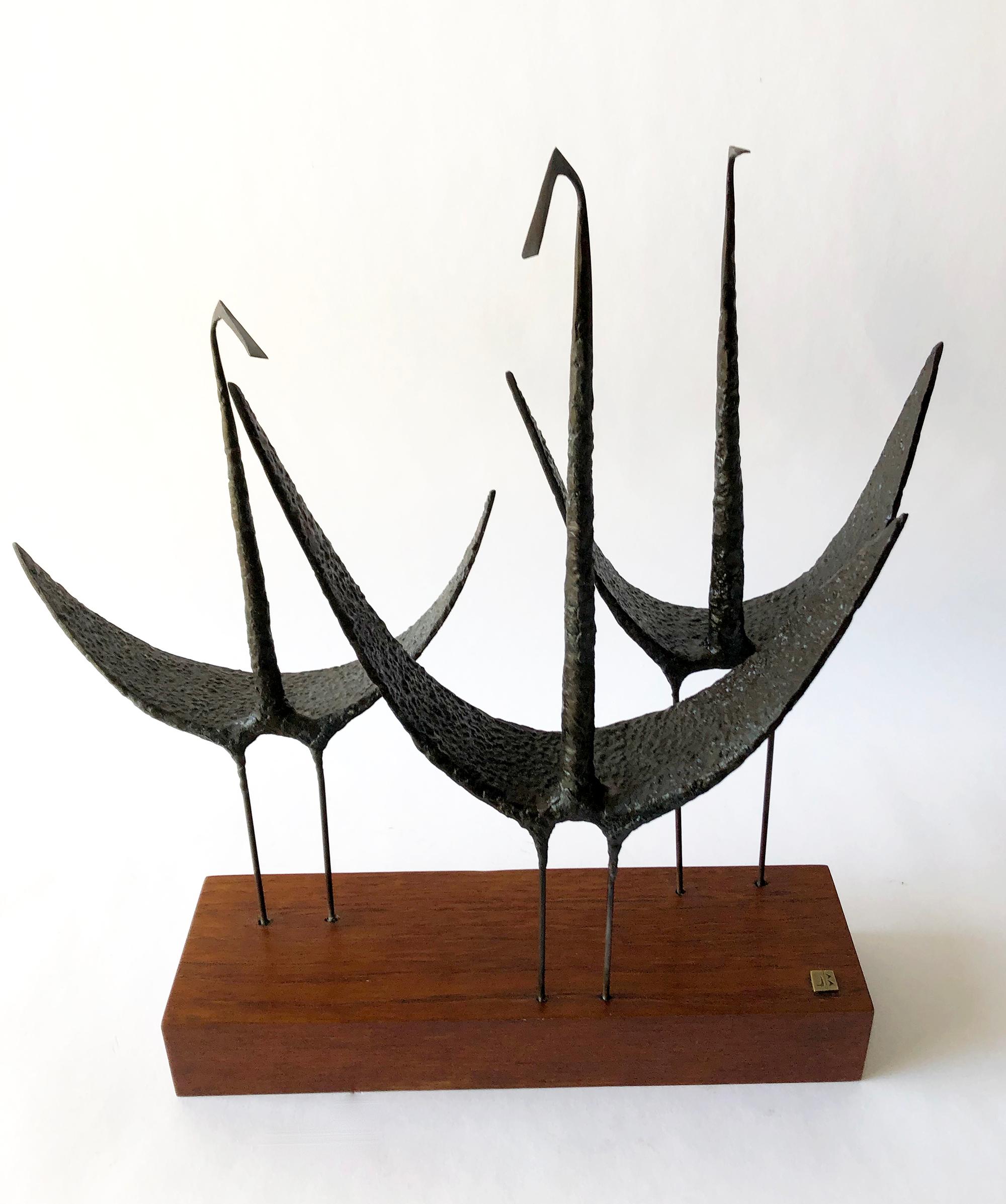 Vintage 1960s iron shorebirds sculpture on walnut base created by Jack Boyd of San Diego, California. Sculpture measures 17.5
