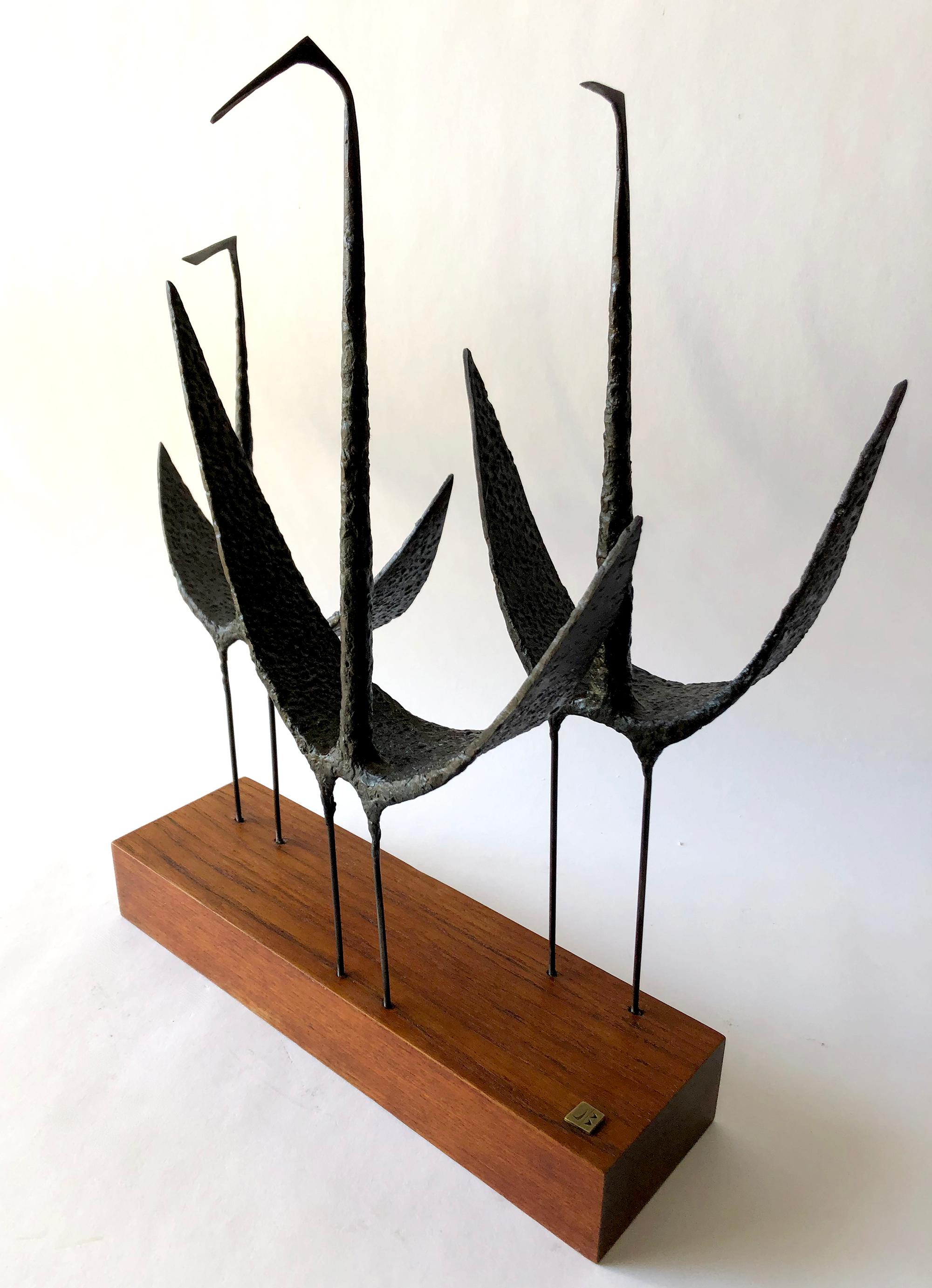 Mid-Century Modern Vintage 1960s Jack Boyd Iron Shorebirds Sculpture on Walnut Base